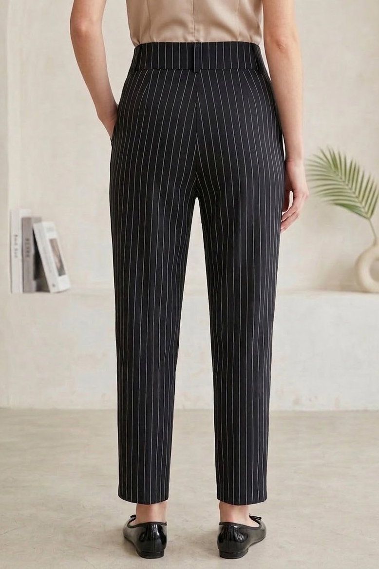 Çift Düğmeli Çizgili Pantolon Siyah - 28742-SIYAH - 3