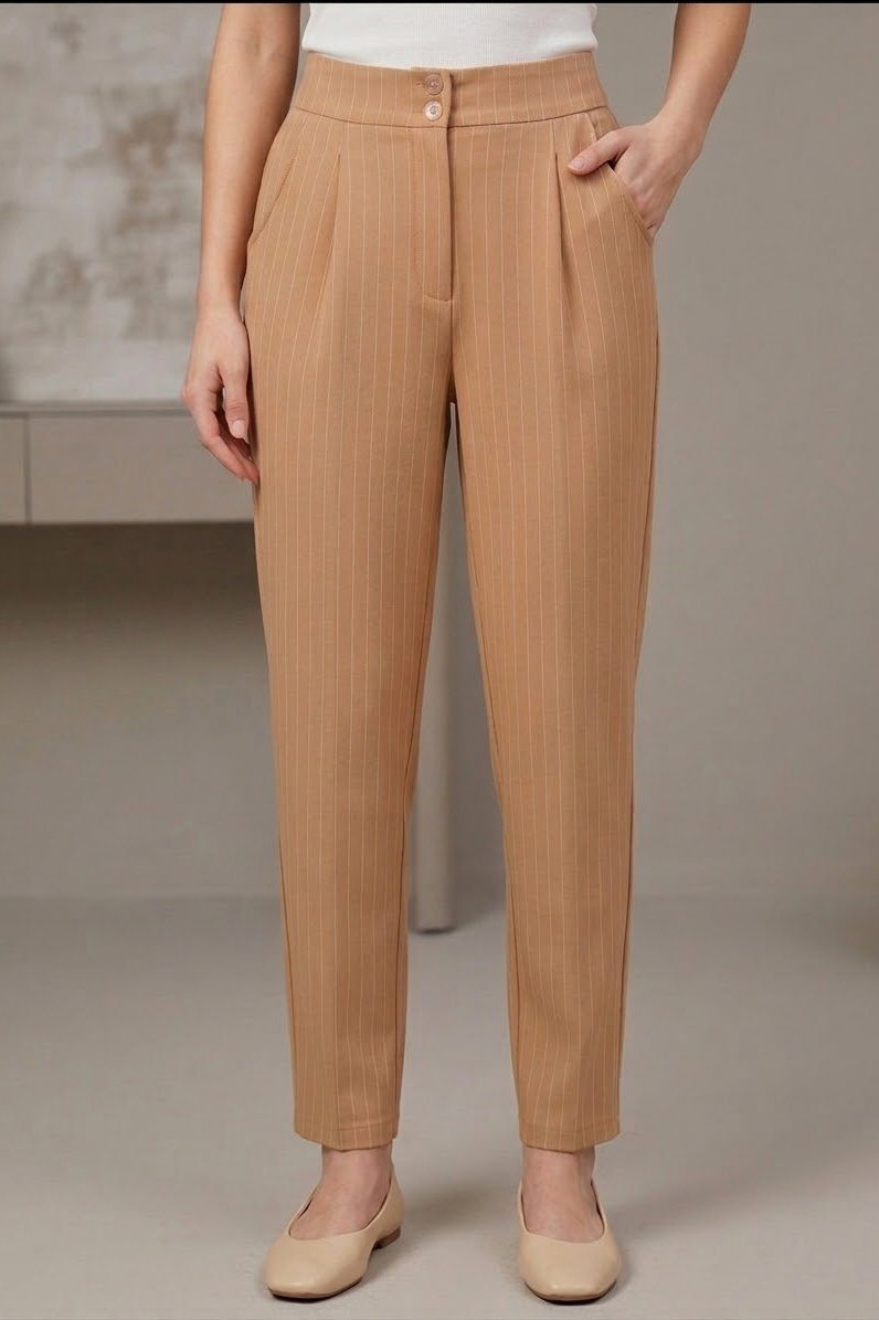 Çift Düğmeli Çizgili Pantolon Vizon - 28742-VIZON - 1