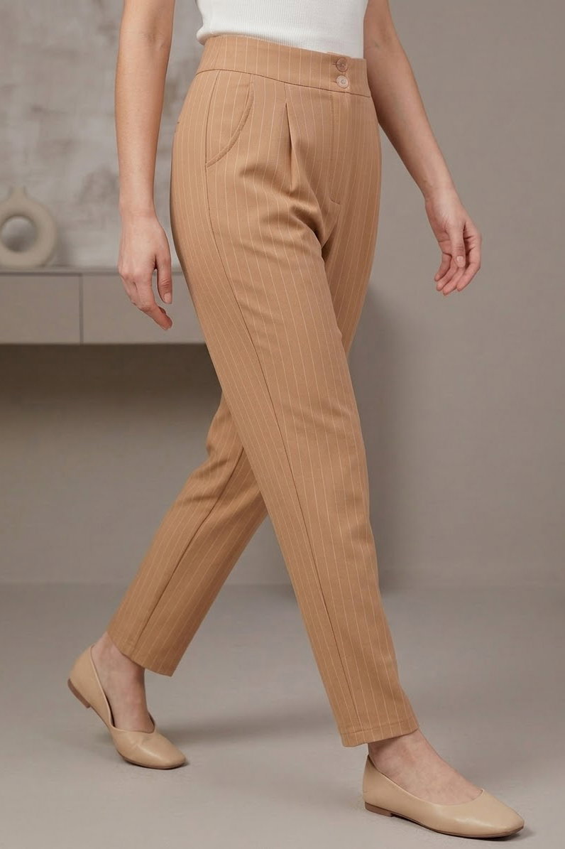 Çift Düğmeli Çizgili Pantolon Vizon - 28742-VIZON - 2