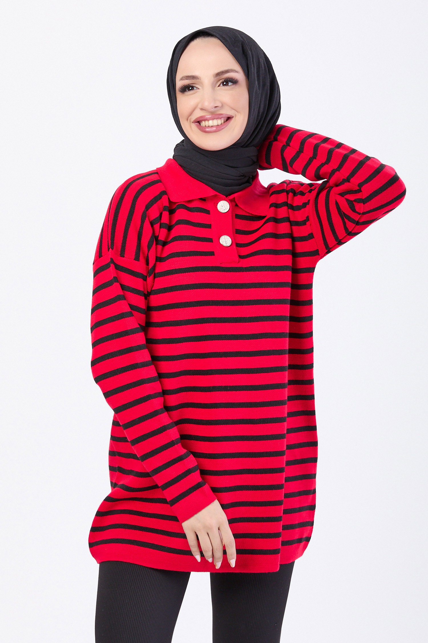 Çift Düğmeli Çizgili Triko Kazak - 27628 - 1