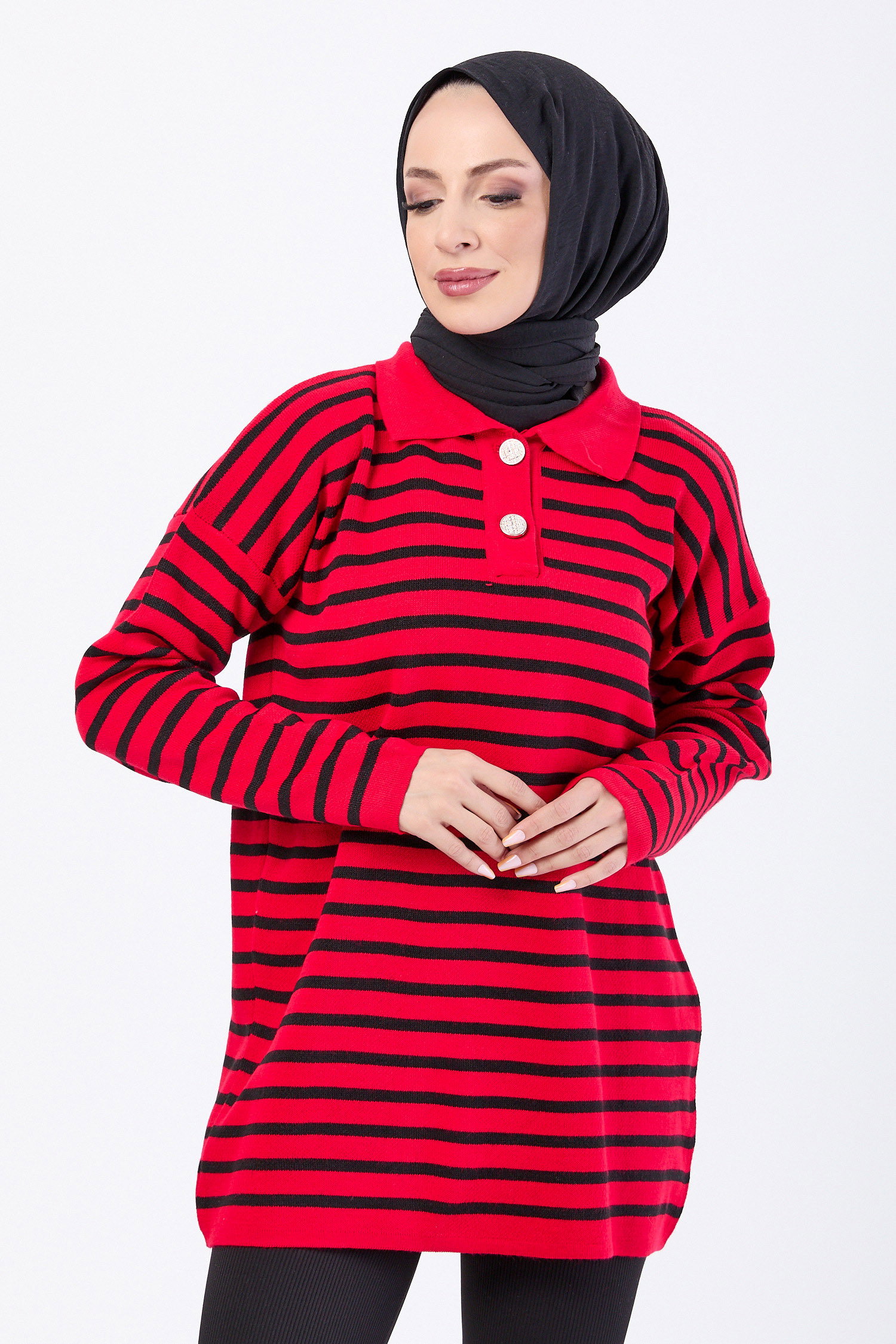 Çift Düğmeli Çizgili Triko Kazak - 27628 - 2