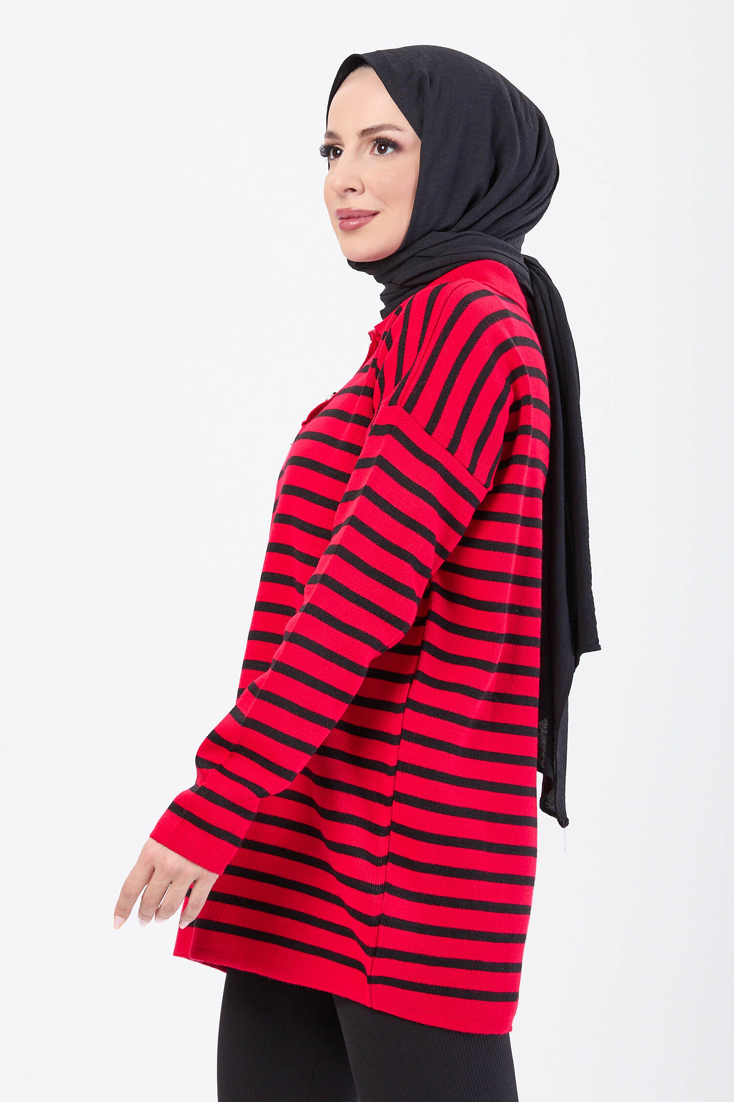 Çift Düğmeli Çizgili Triko Kazak - 27628 - 3