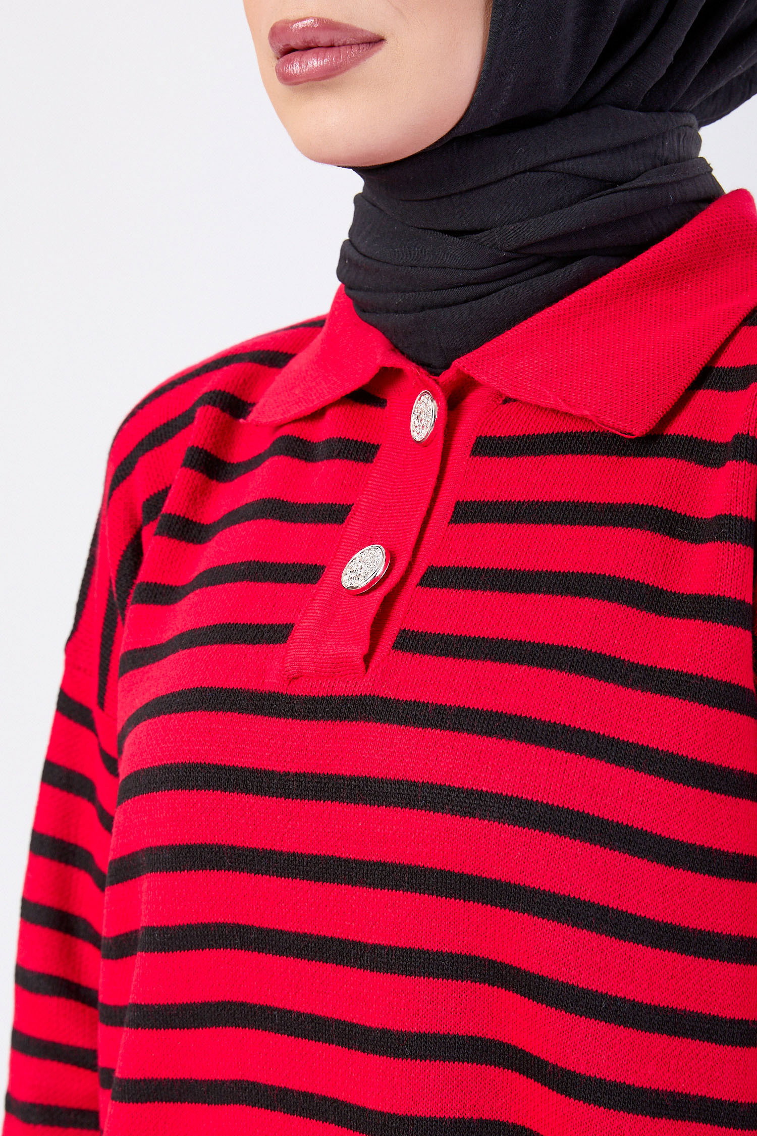 Çift Düğmeli Çizgili Triko Kazak - 27628 - 4