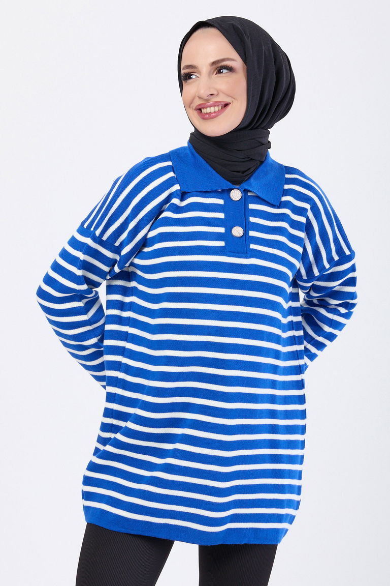 Çift Düğmeli Çizgili Triko Kazak - 27628 - TOFİSA