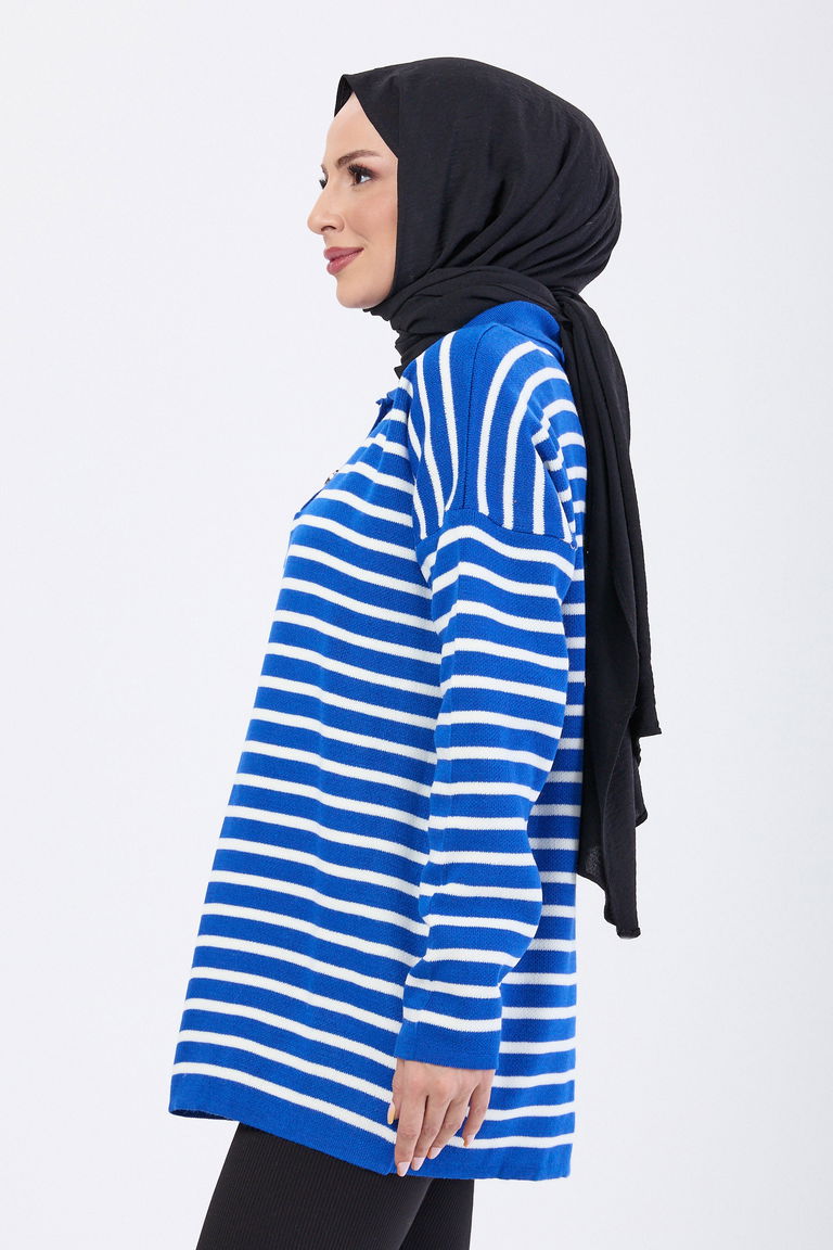 Çift Düğmeli Çizgili Triko Kazak - 27628 - TOFİSA