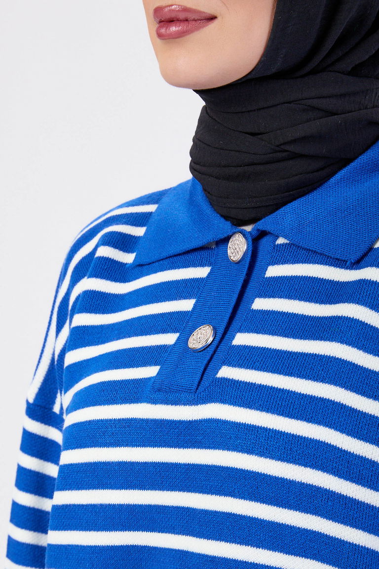 Çift Düğmeli Çizgili Triko Kazak - 27628 - TOFİSA