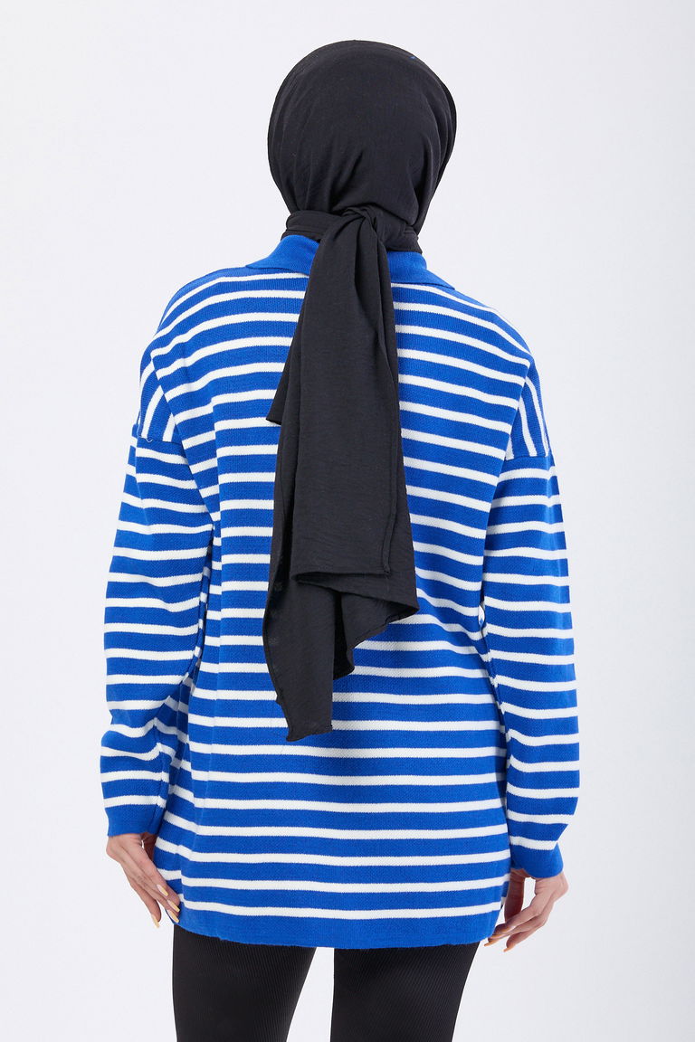 Çift Düğmeli Çizgili Triko Kazak - 27628 - TOFİSA