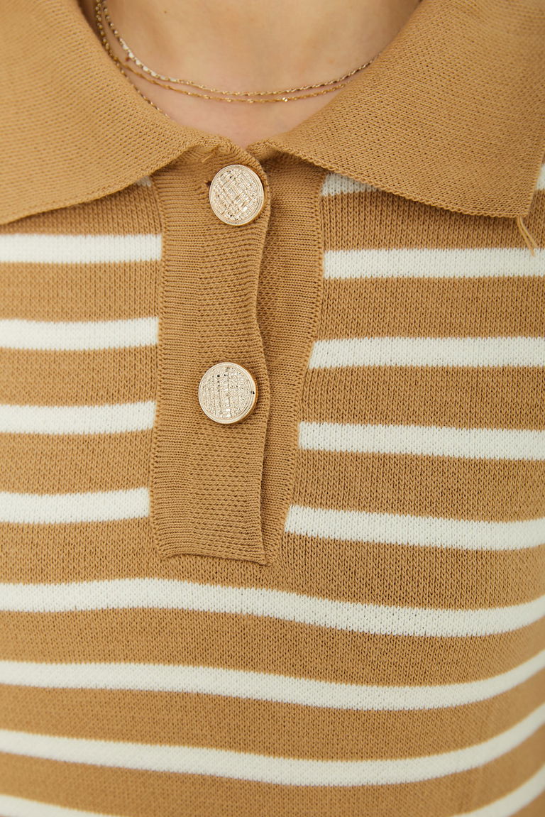 Çift Düğmeli Çizgili Triko Kazak - 27628 - TOFİSA