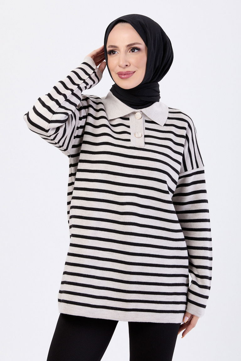 Çift Düğmeli Çizgili Triko Kazak - 27628 - TOFİSA