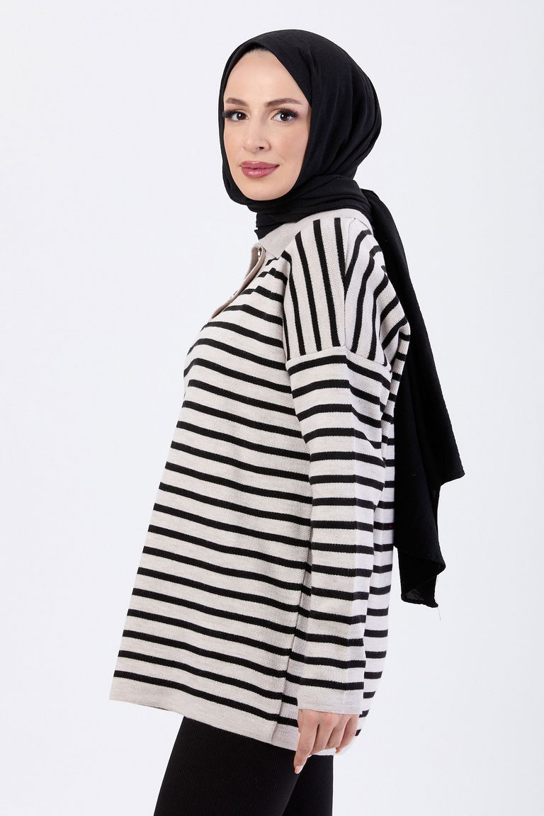 Çift Düğmeli Çizgili Triko Kazak - 27628 - TOFİSA