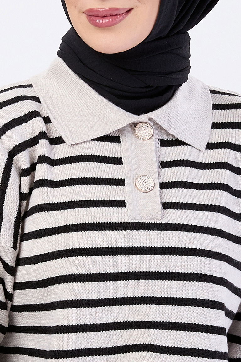 Çift Düğmeli Çizgili Triko Kazak - 27628 - TOFİSA