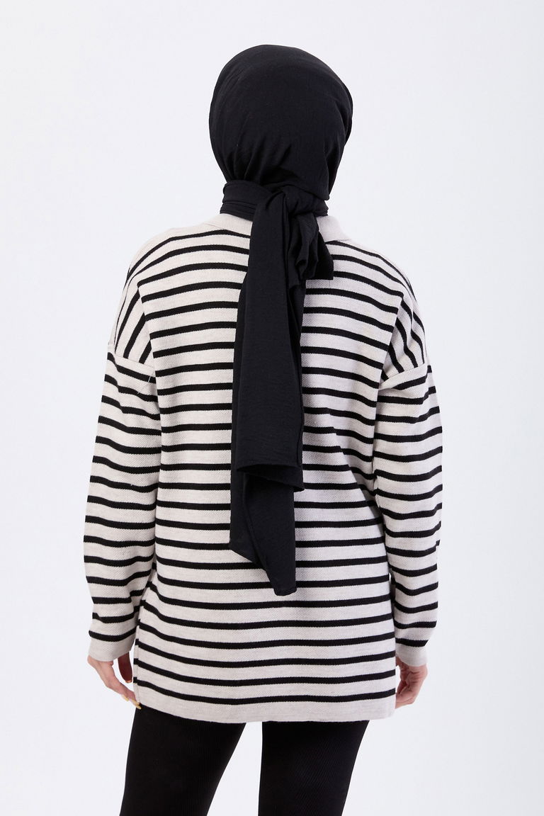 Çift Düğmeli Çizgili Triko Kazak - 27628 - TOFİSA