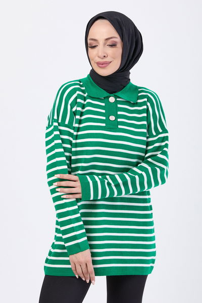 Çift Düğmeli Çizgili Triko Kazak - 27628 