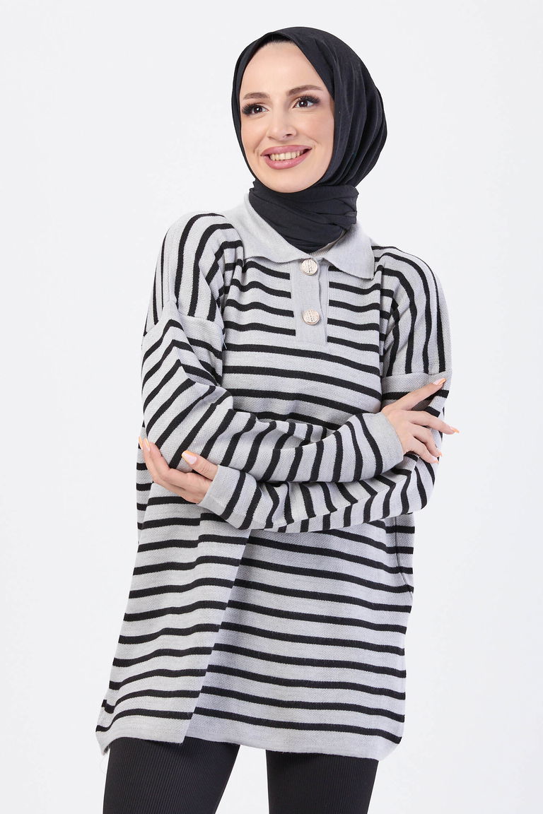 Çift Düğmeli Çizgili Triko Kazak - 27628 - TOFİSA
