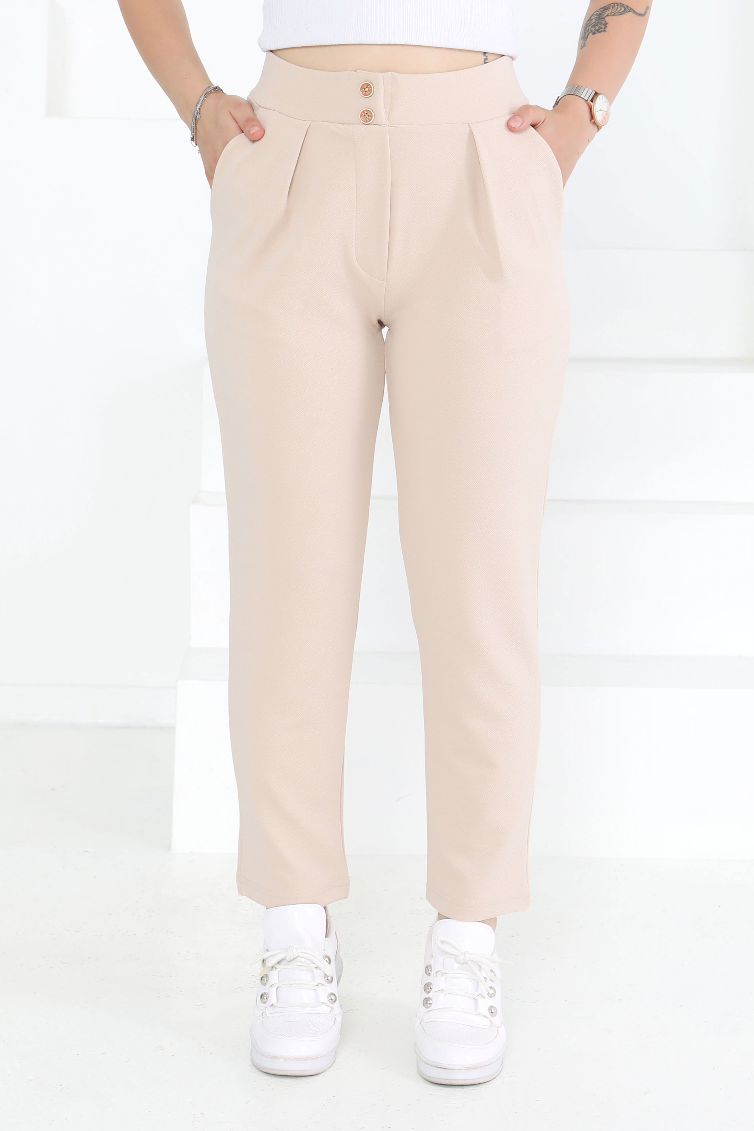 Çift Düğmeli Spor Pantolon Bej - 27352 - 3
