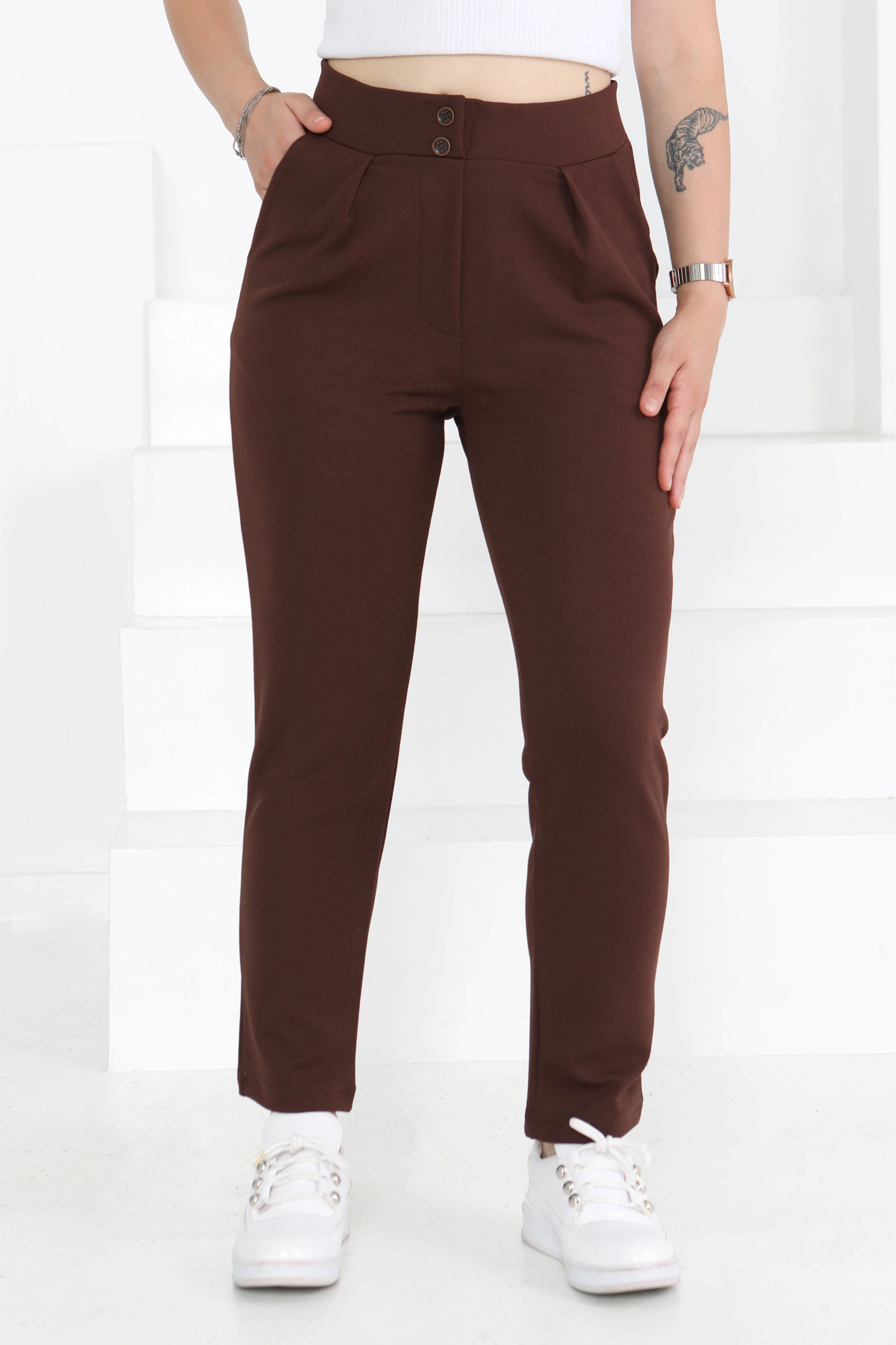 Çift Düğmeli Spor Pantolon Kahve - 27352 - 1
