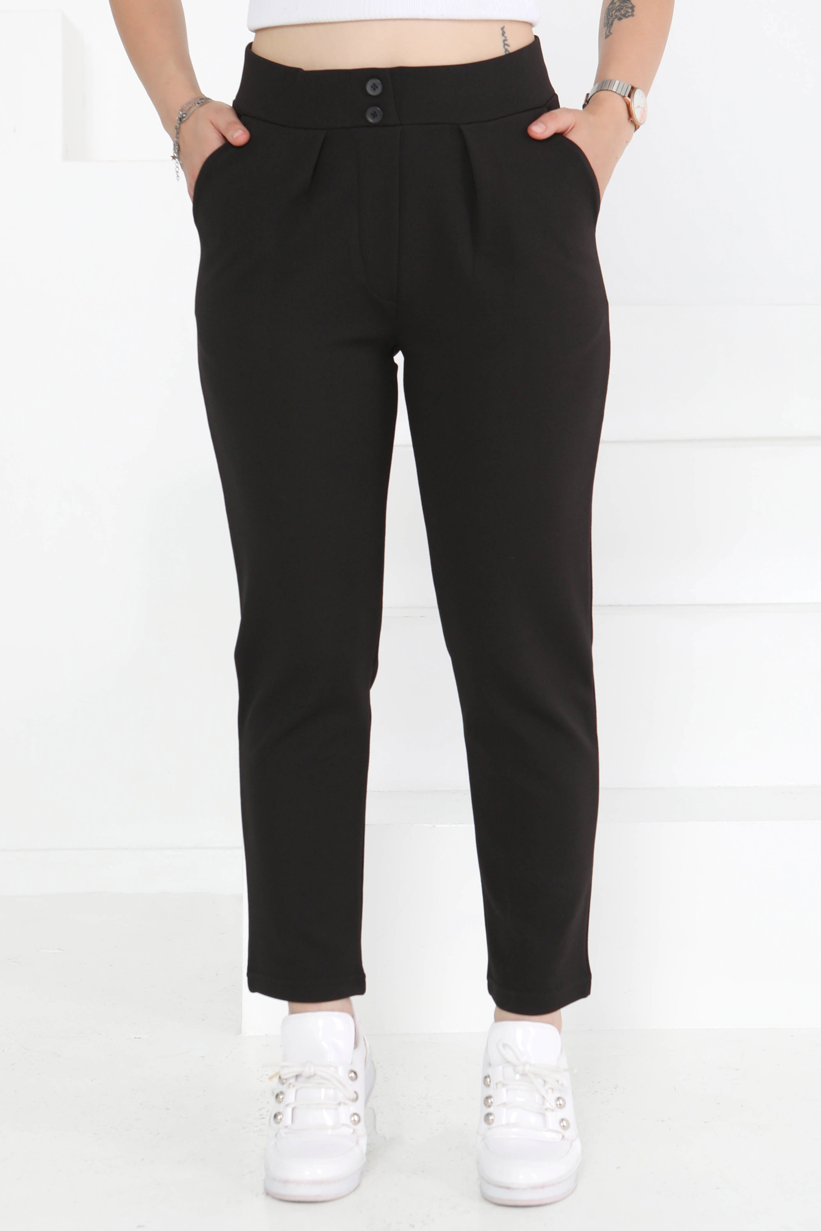 Çift Düğmeli Spor Pantolon Siyah - 27352 - 2