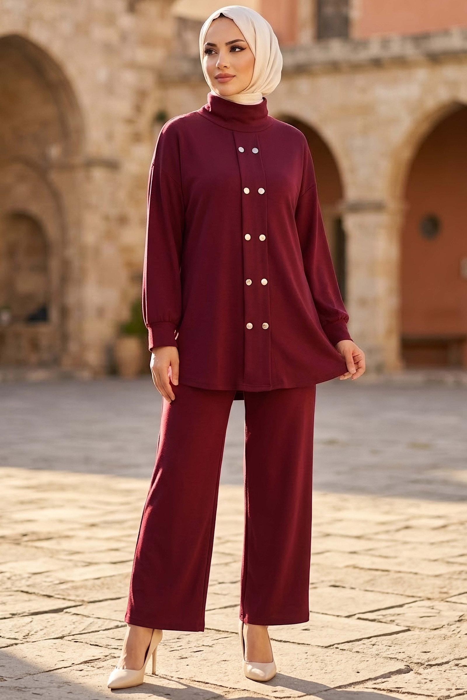 Çift Düğüm Detaylı Oysh Modal Takım Bordo - 28954-BORDO - 1