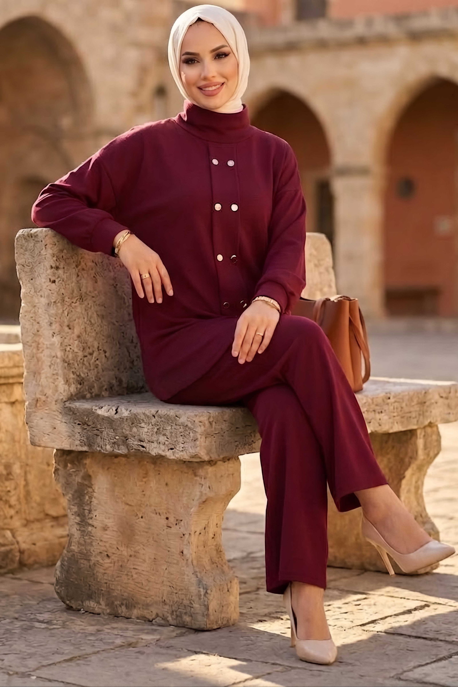 Çift Düğüm Detaylı Oysh Modal Takım Bordo - 28954-BORDO - 2