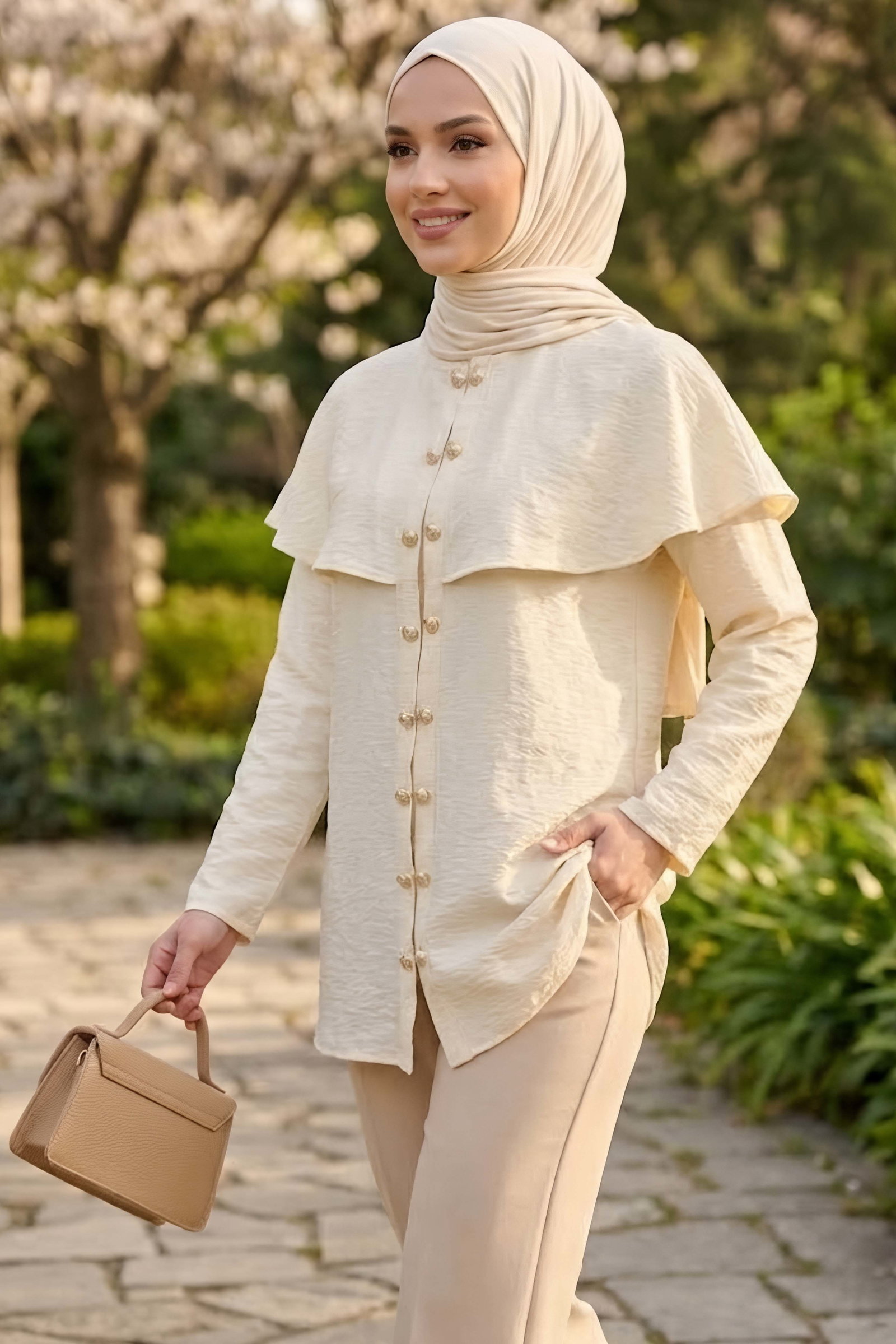 Çift Düğüm Detaylı Tunik Krem - 28953-KREM - 2