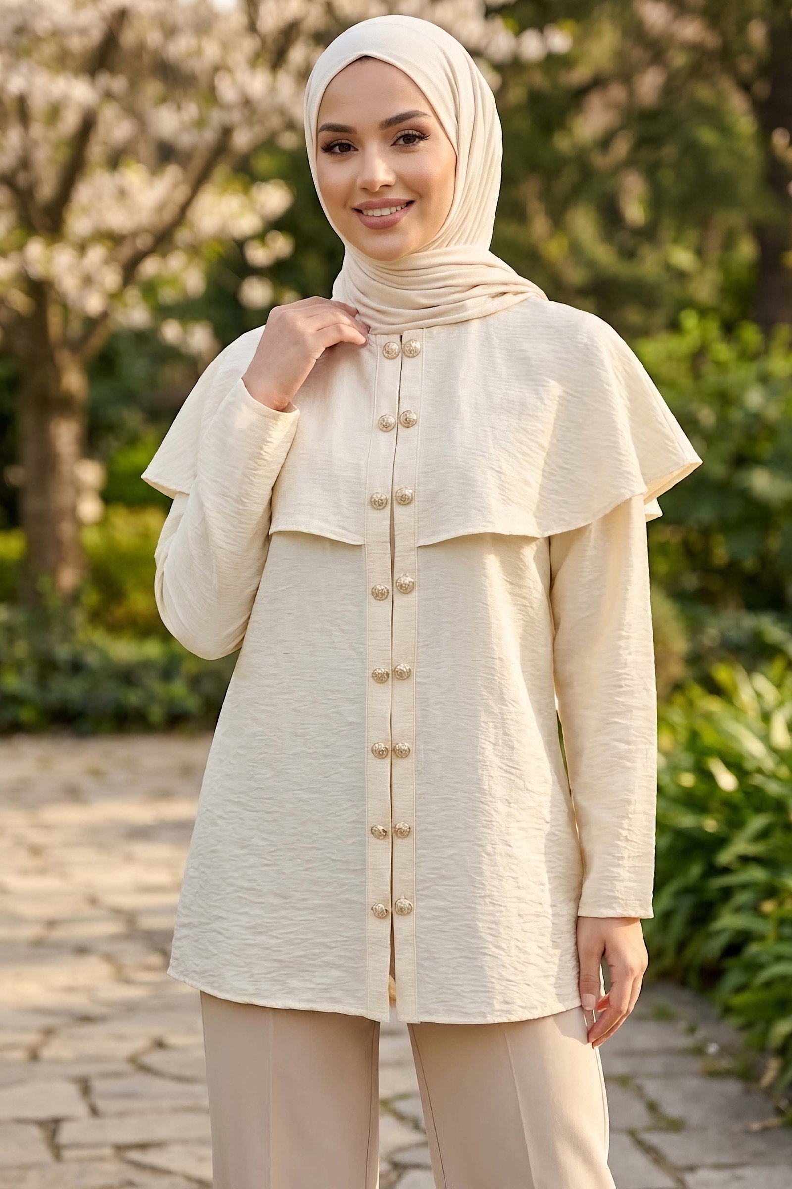 Çift Düğüm Detaylı Tunik Krem - 28953-KREM - 1