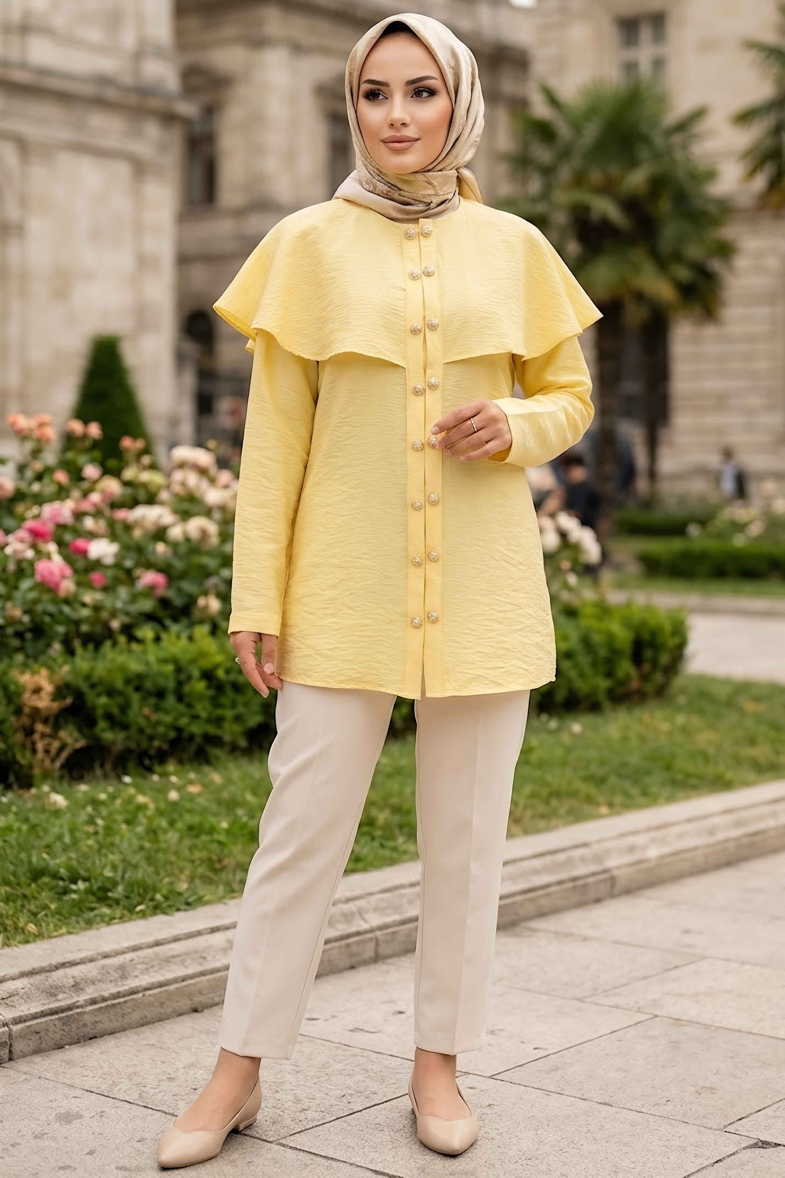 Çift Düğüm Detaylı Tunik Sari - 28953-SARI - 2
