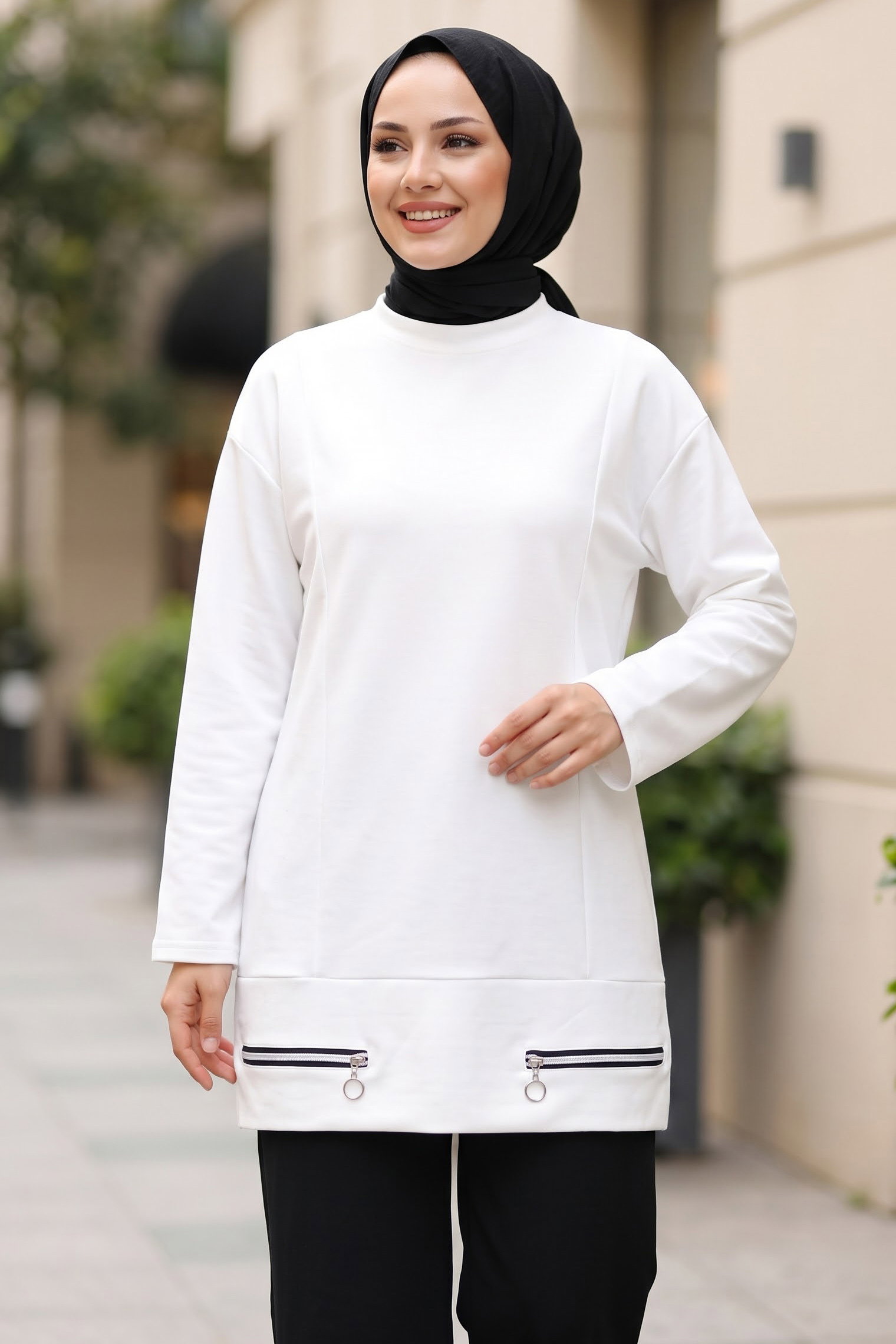 Çİft Fermuar Detaylı Oysh Modal Tunik Beyaz - 29298-BEYAZ - 1