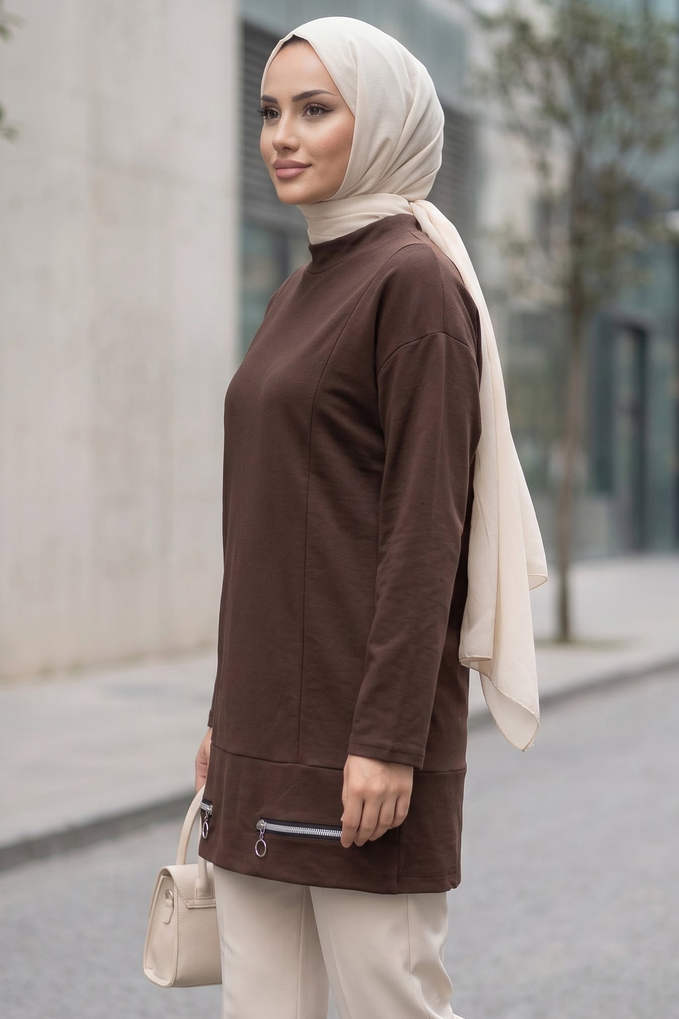 Çİft Fermuar Detaylı Oysh Modal Tunik Kahve - 29298-KAHVE - 2