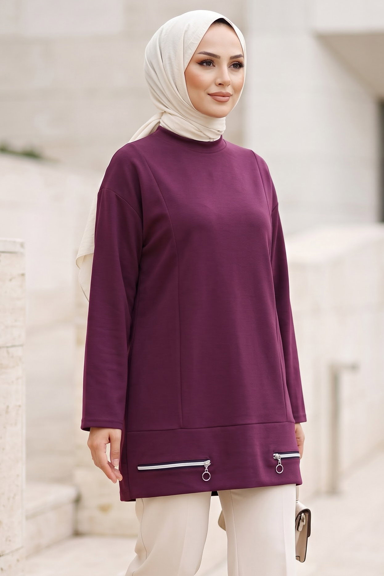 Çİft Fermuar Detaylı Oysh Modal Tunik Mürdüm - 29298-MURDUM - 2