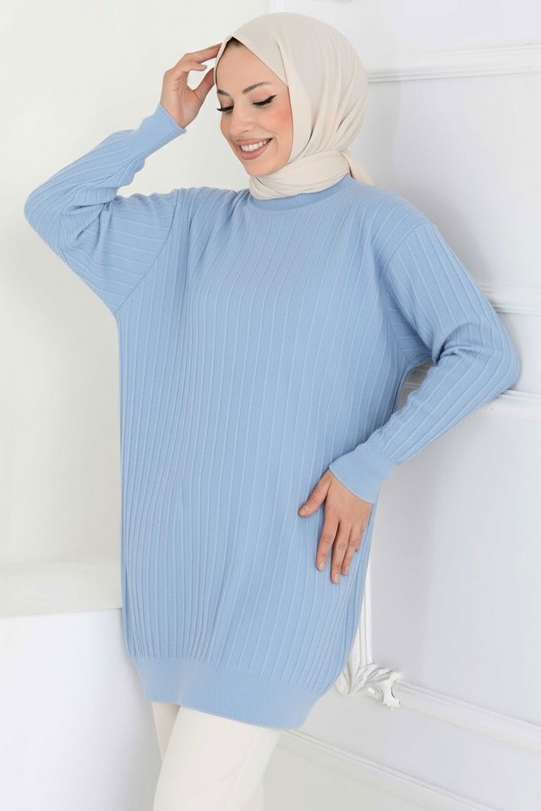 Çima Detaylı Triko Tunik - 27886-BEBE-MAVI - TOFİSA