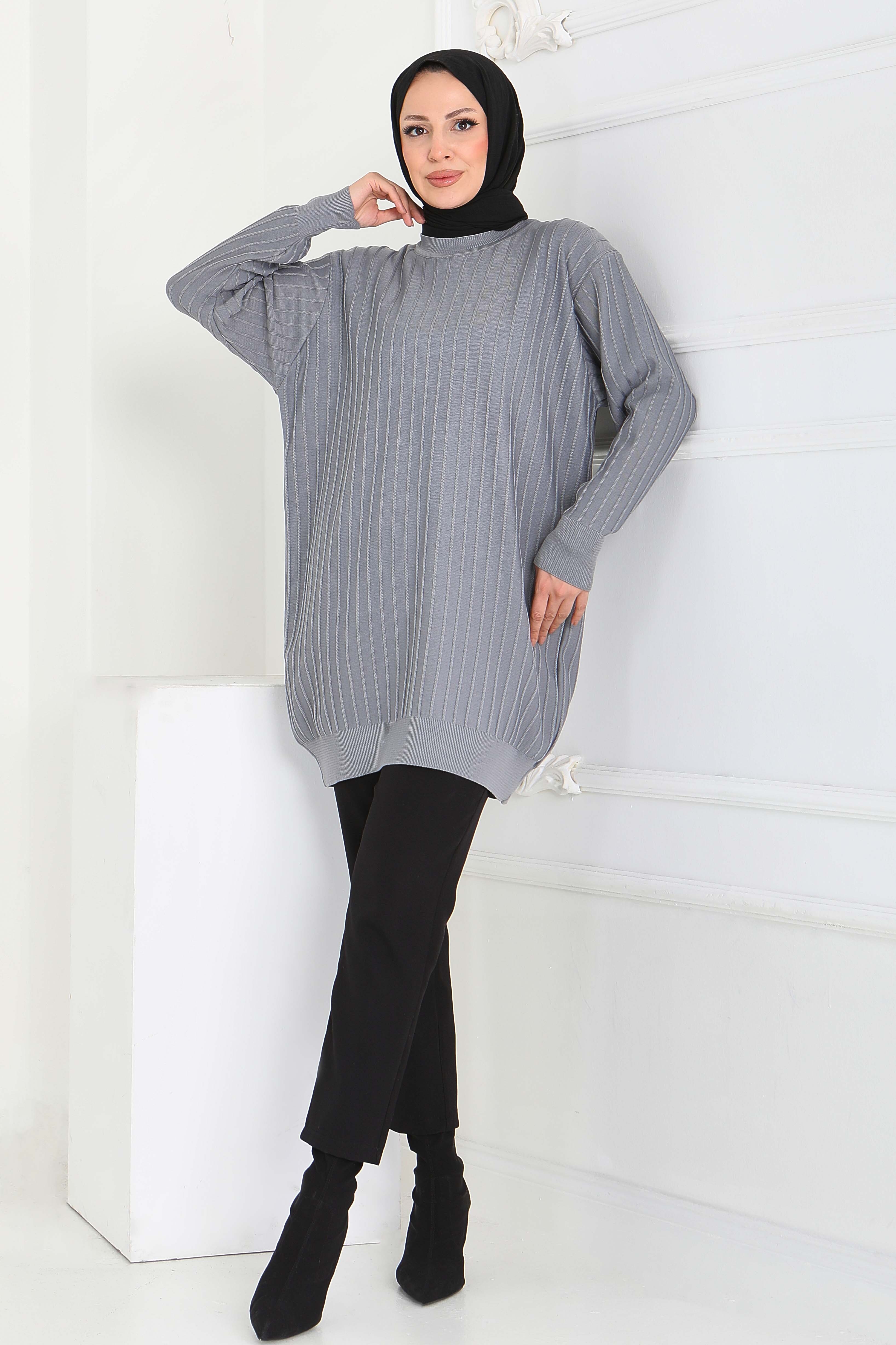 Çima Detaylı Triko Tunik - 27886-GRI - 2