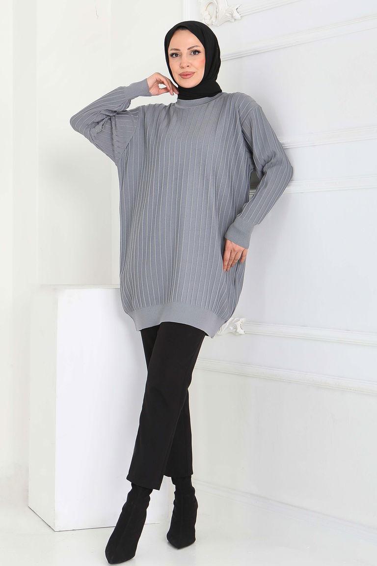 Çima Detaylı Triko Tunik - 27886-GRI - TOFİSA