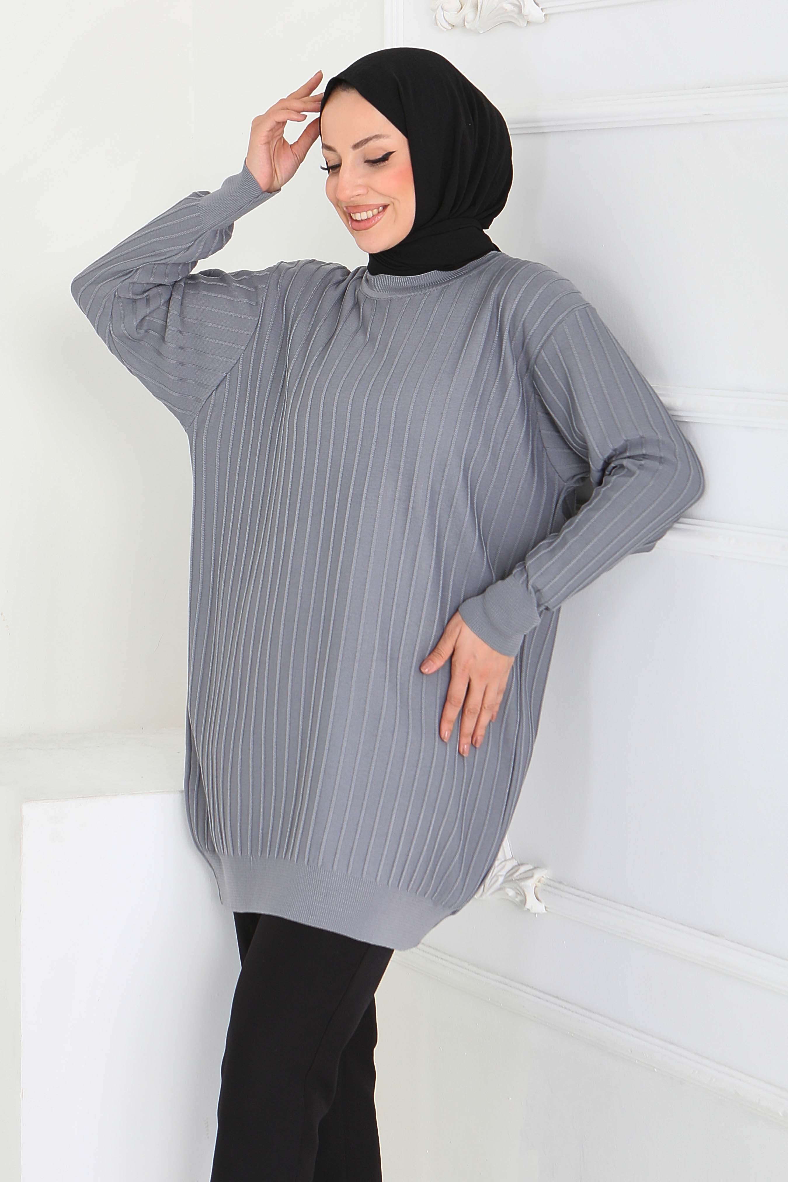 Çima Detaylı Triko Tunik - 27886-GRI - 3