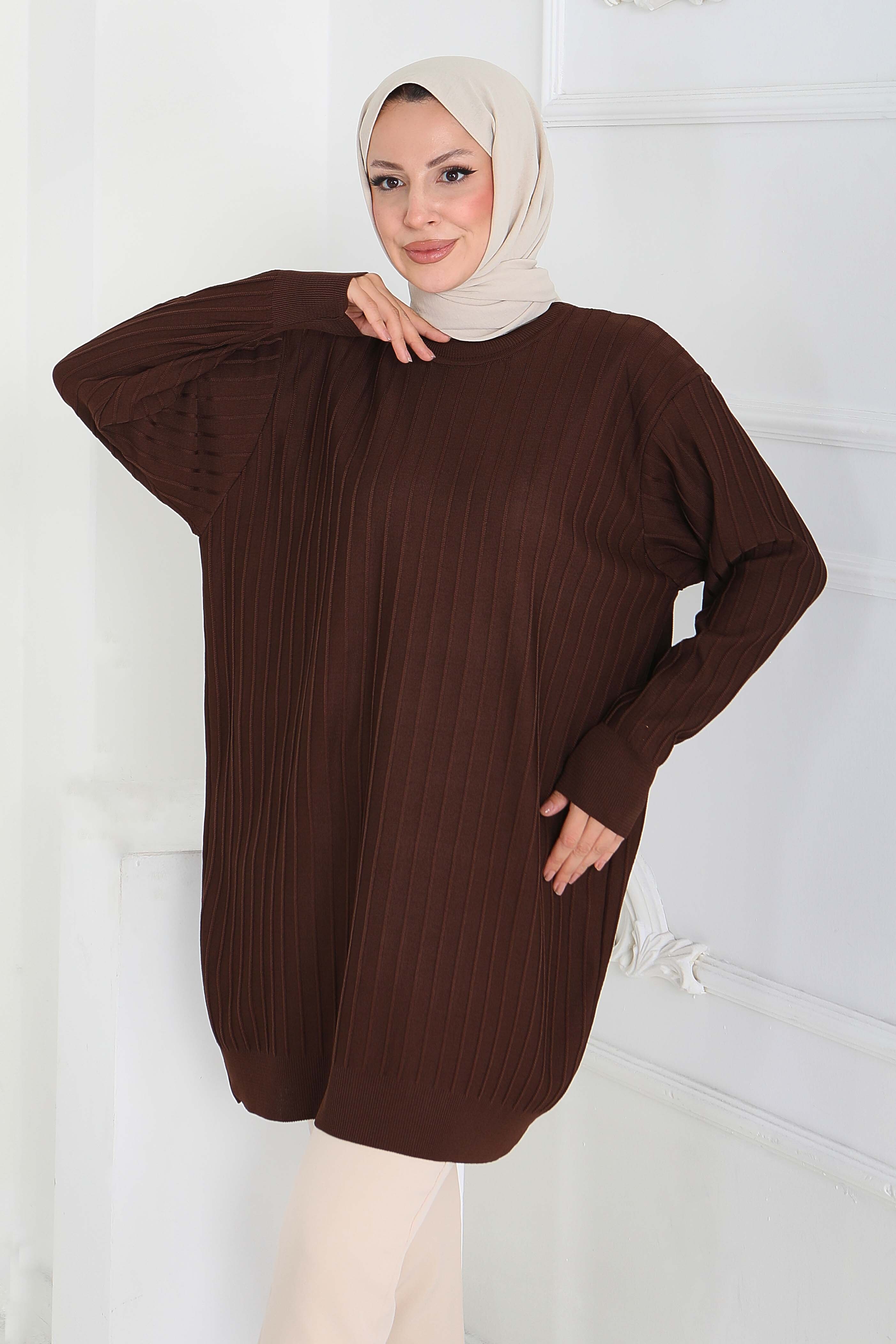 Çima Detaylı Triko Tunik - 27886-KAHVE - 2