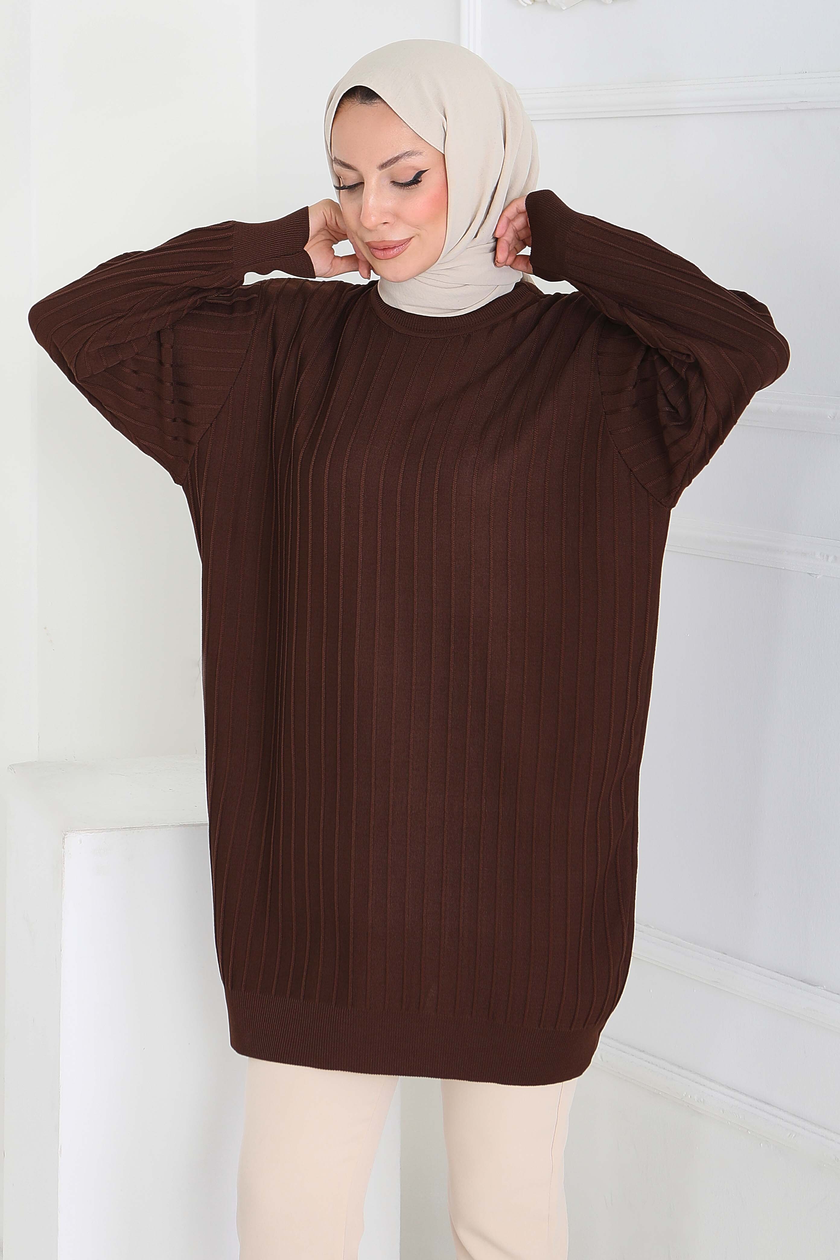Çima Detaylı Triko Tunik - 27886-KAHVE - 3