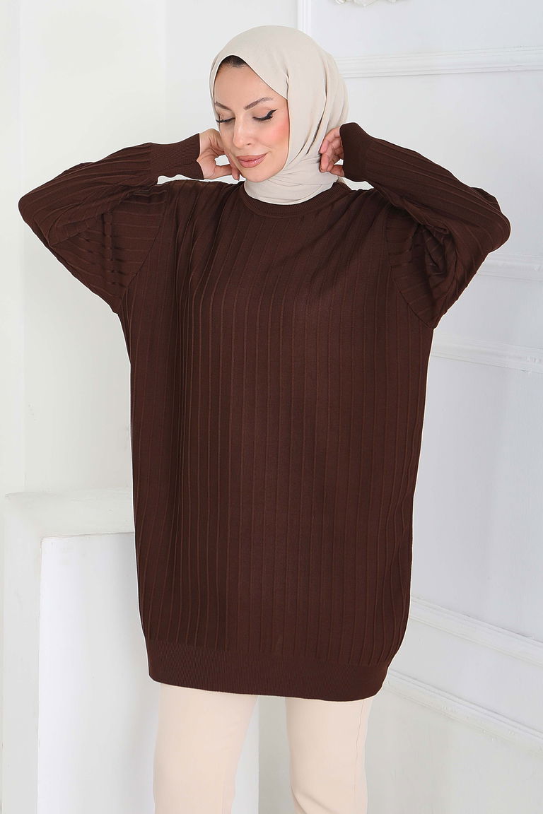 Çima Detaylı Triko Tunik - 27886-KAHVE - TOFİSA