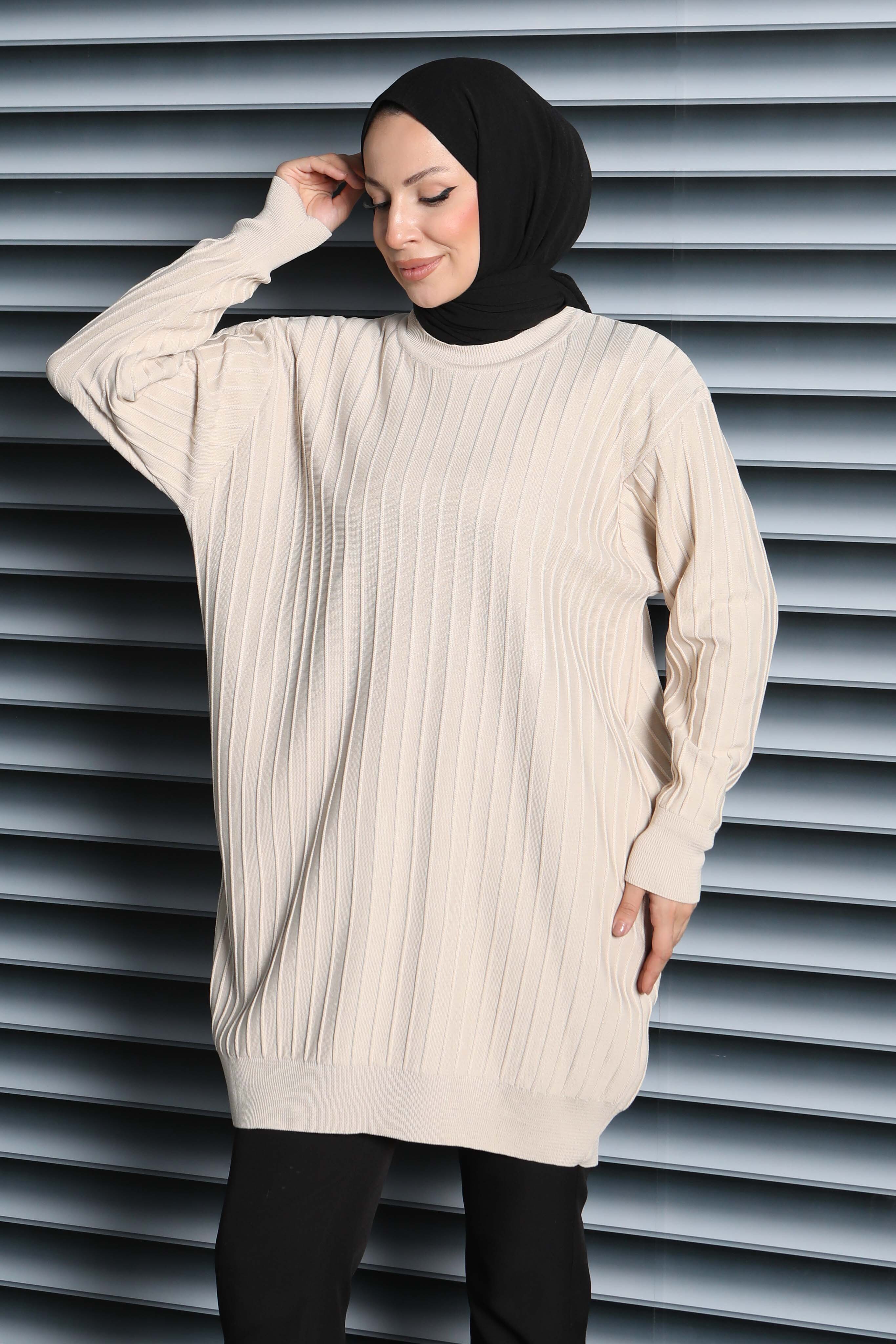 Çima Detaylı Triko Tunik - 27886-KREM - 1