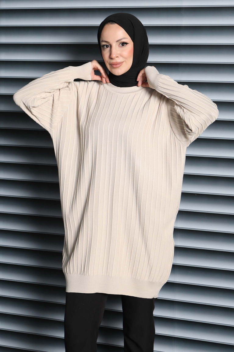 Çima Detaylı Triko Tunik - 27886-KREM - TOFİSA
