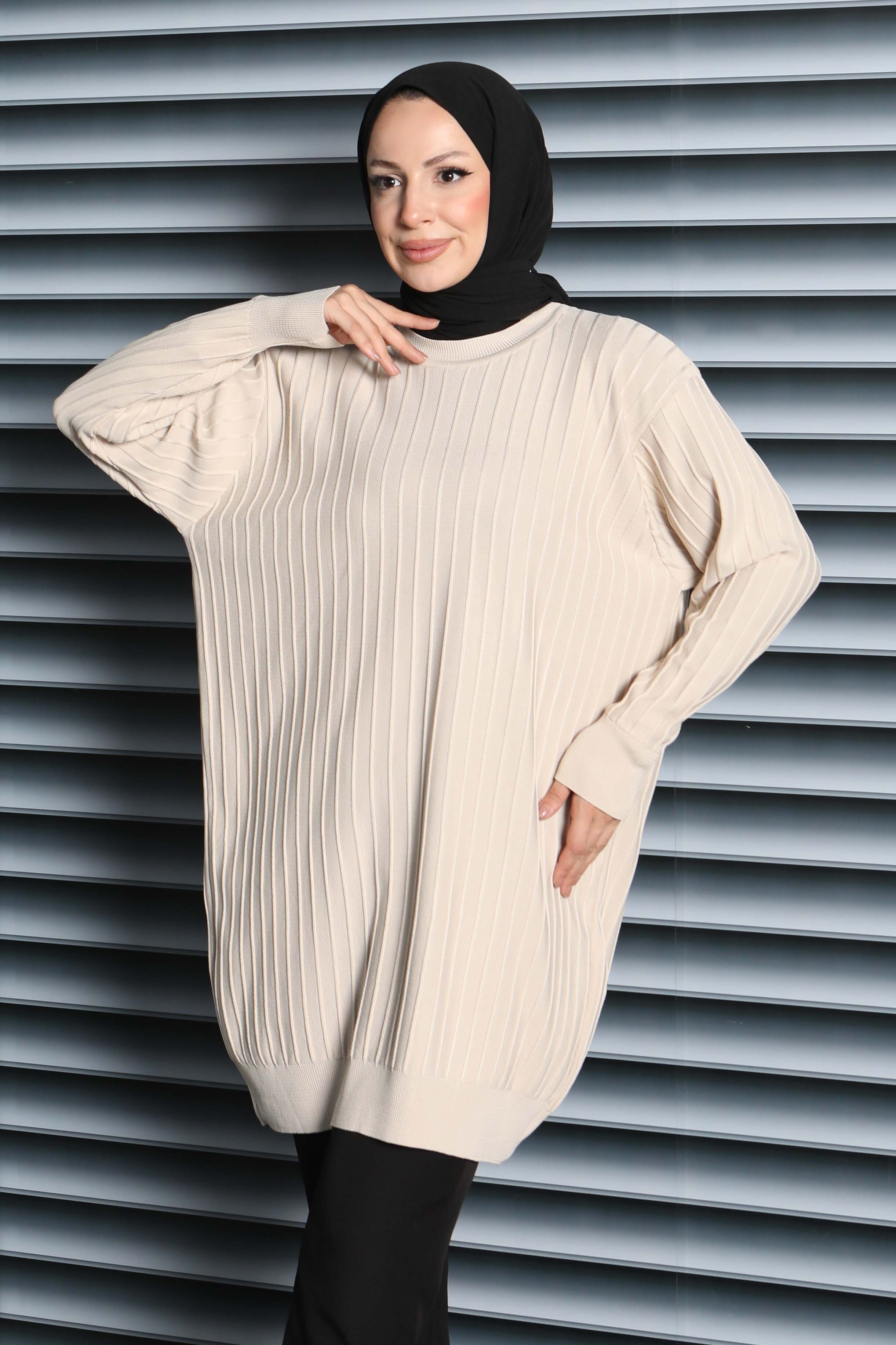 Çima Detaylı Triko Tunik - 27886-KREM - 3