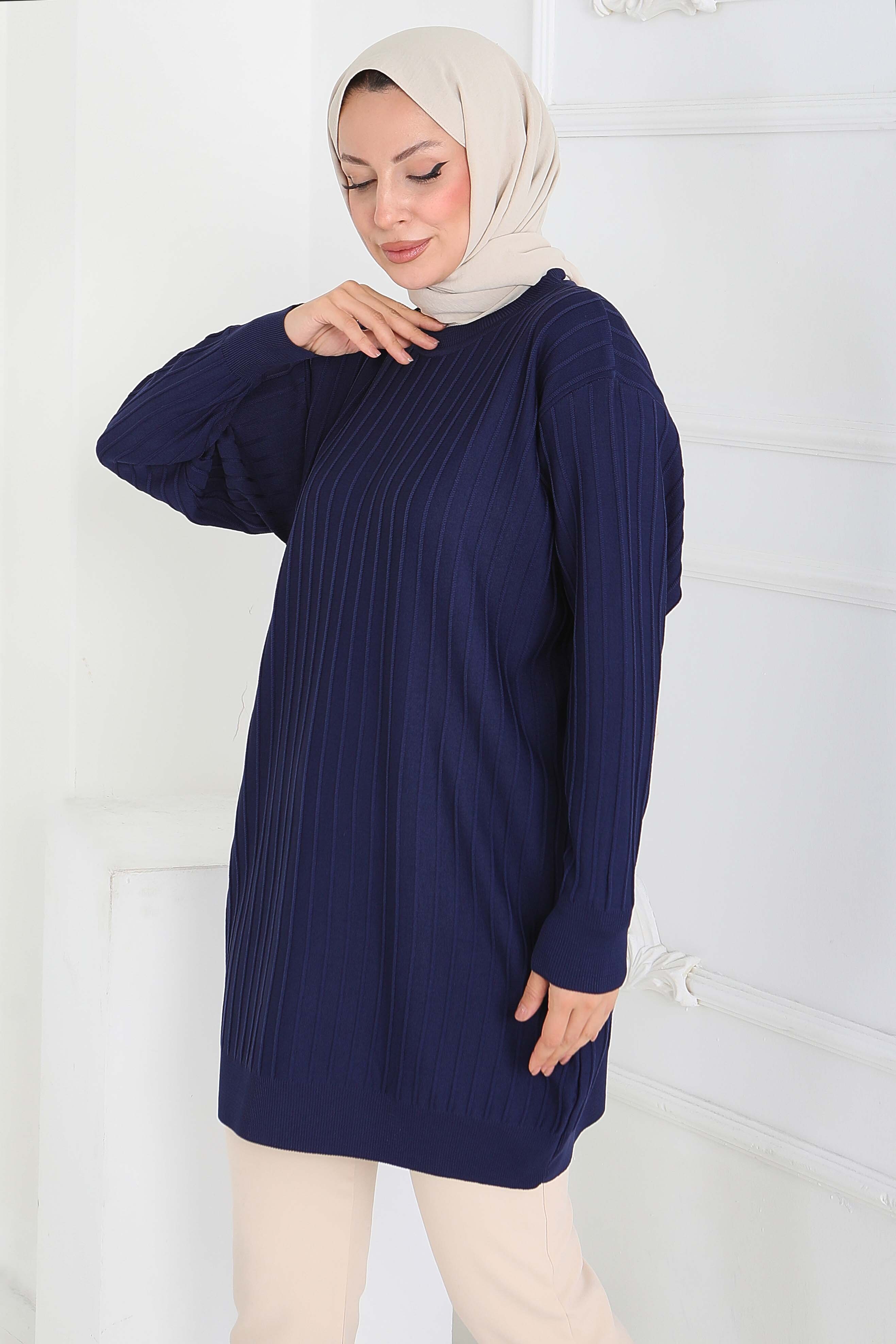 Çima Detaylı Triko Tunik - 27886-LACIVERT - 3