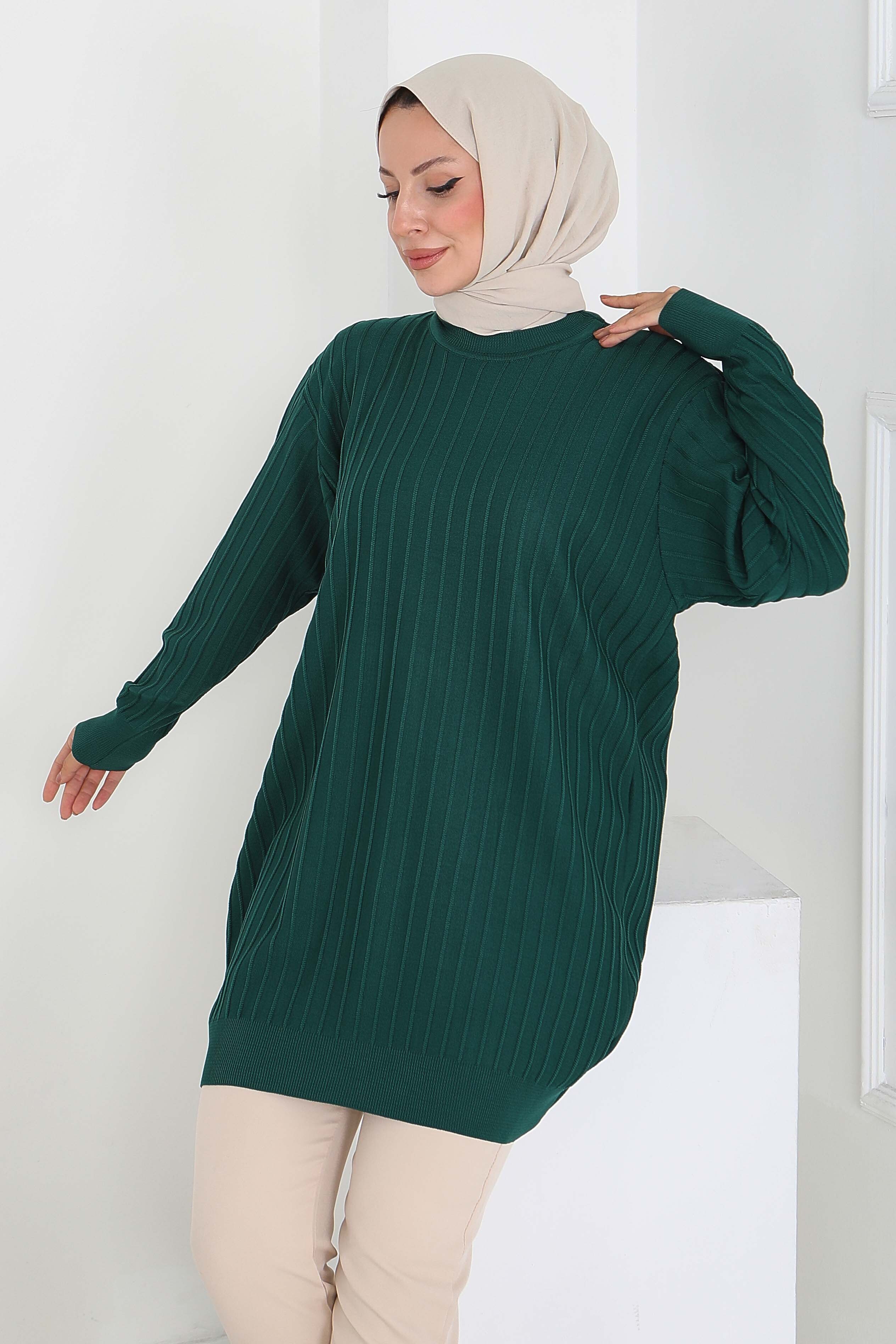 Çima Detaylı Triko Tunik - 27886-ZUMRUT - 3