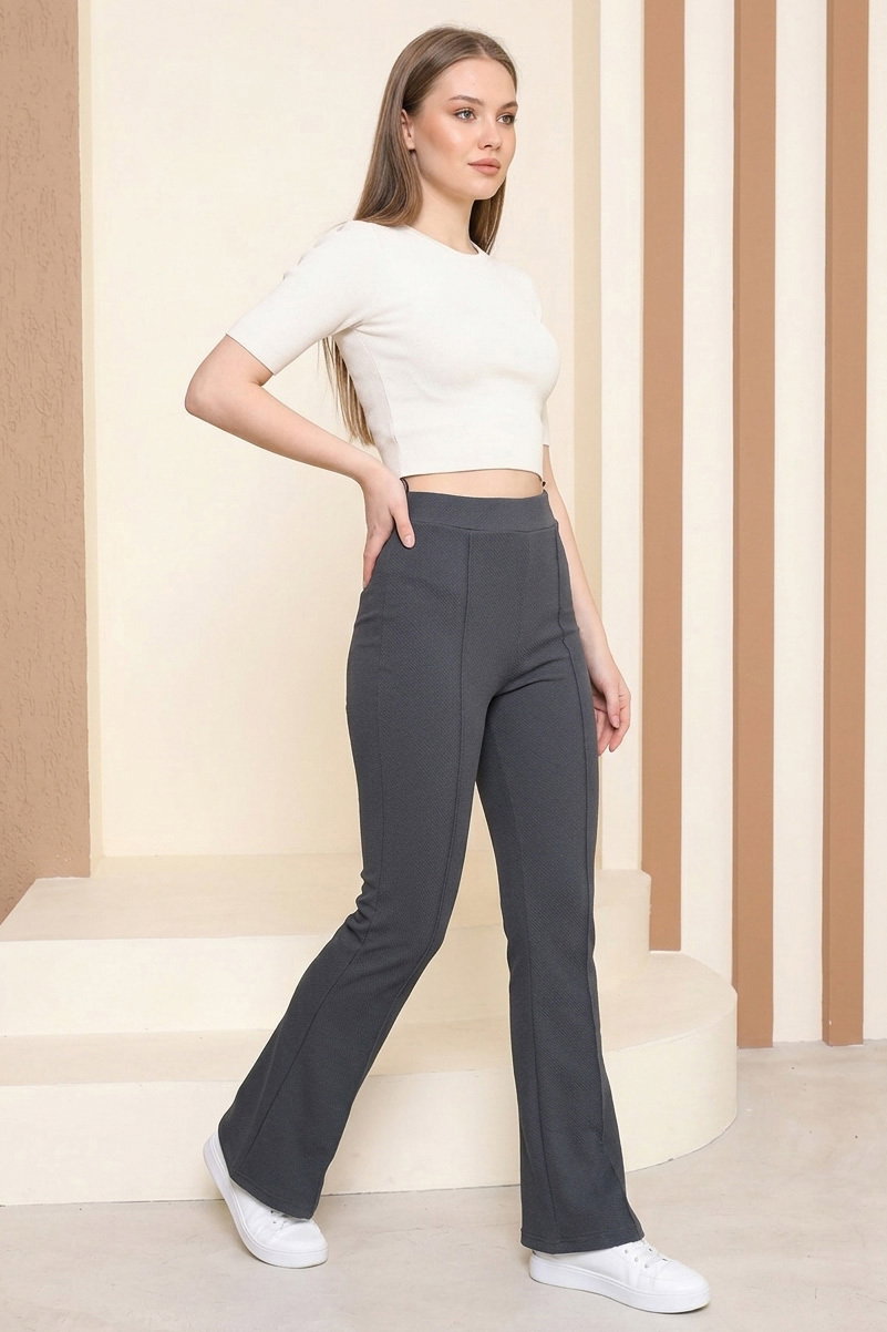 Çımalı İspanyol Paça Krep Pantolon - 27623-FUME - 1
