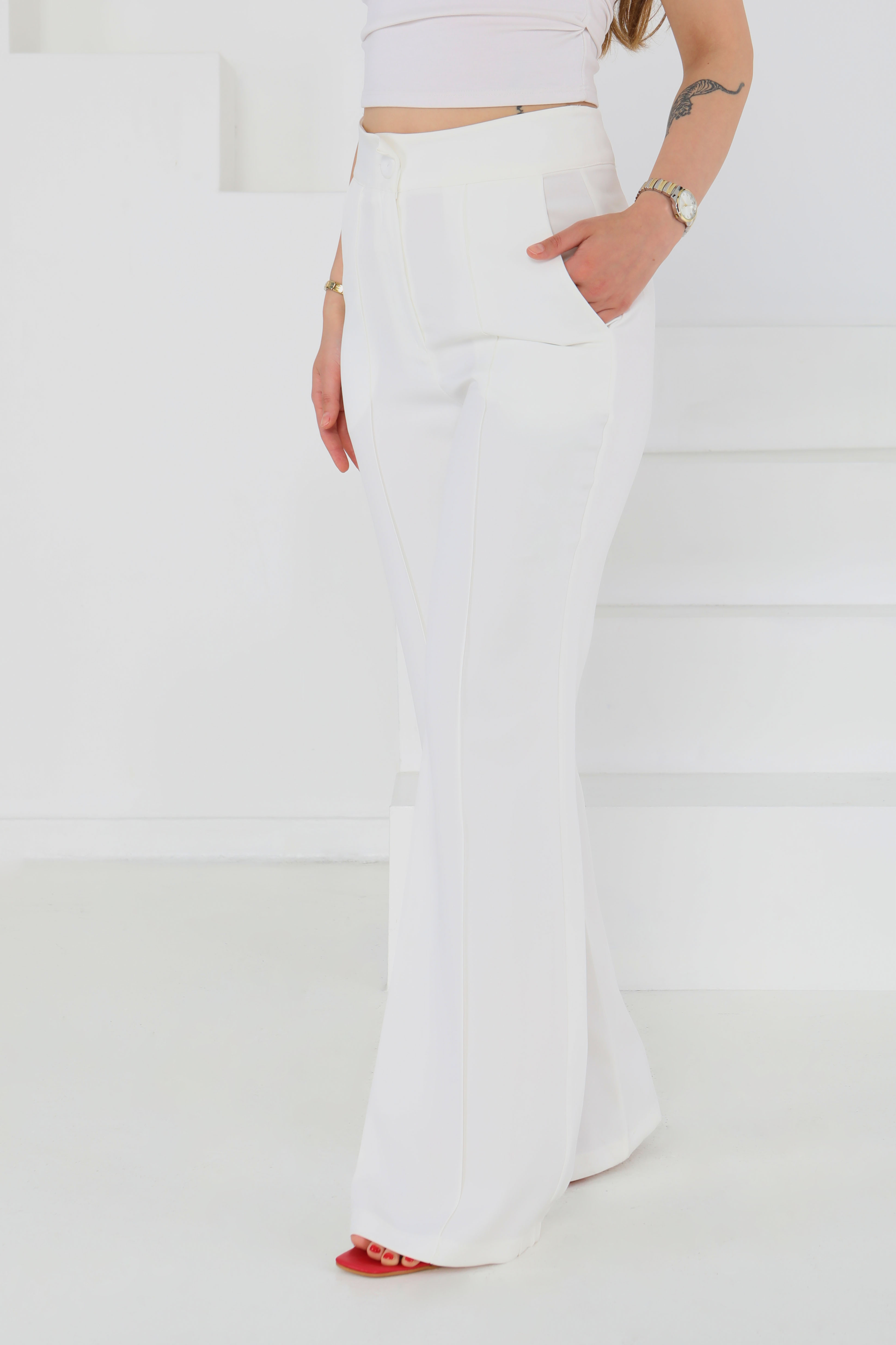 Çımalı Kumaş Pantolon Beyaz - 27247 - 2