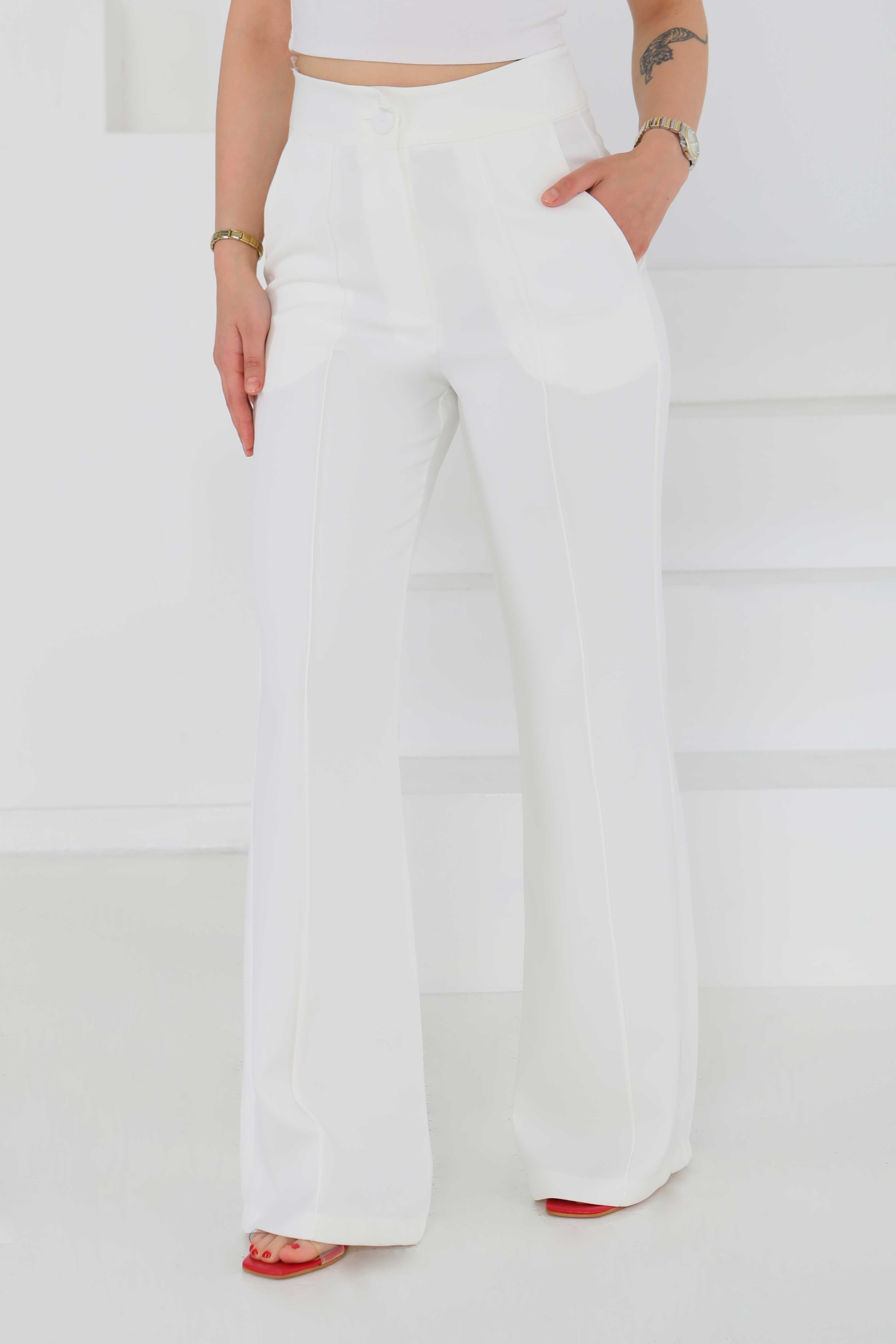 Çımalı Kumaş Pantolon Beyaz - 27247 - 3