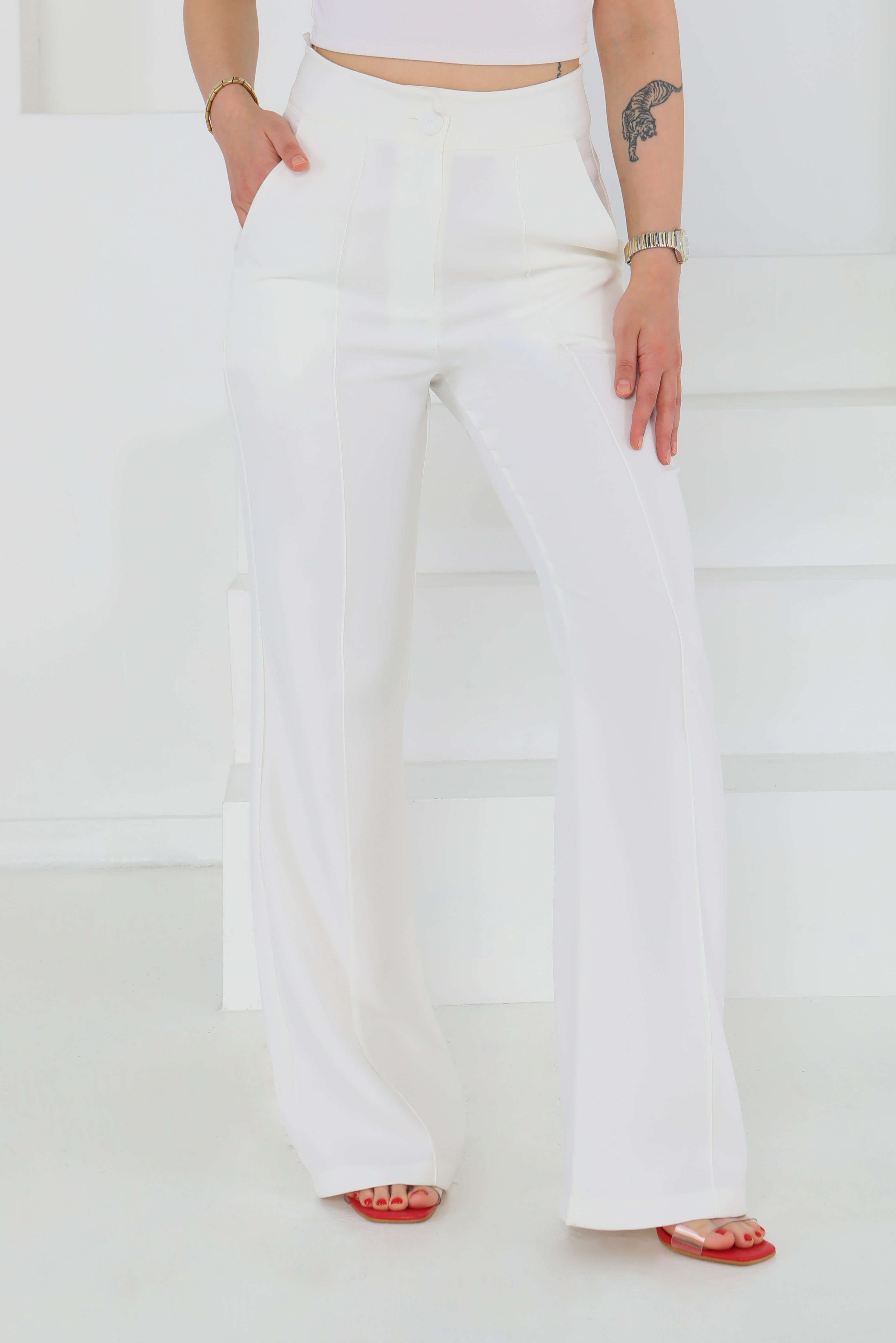 Çımalı Kumaş Pantolon Beyaz - 27247 - 4
