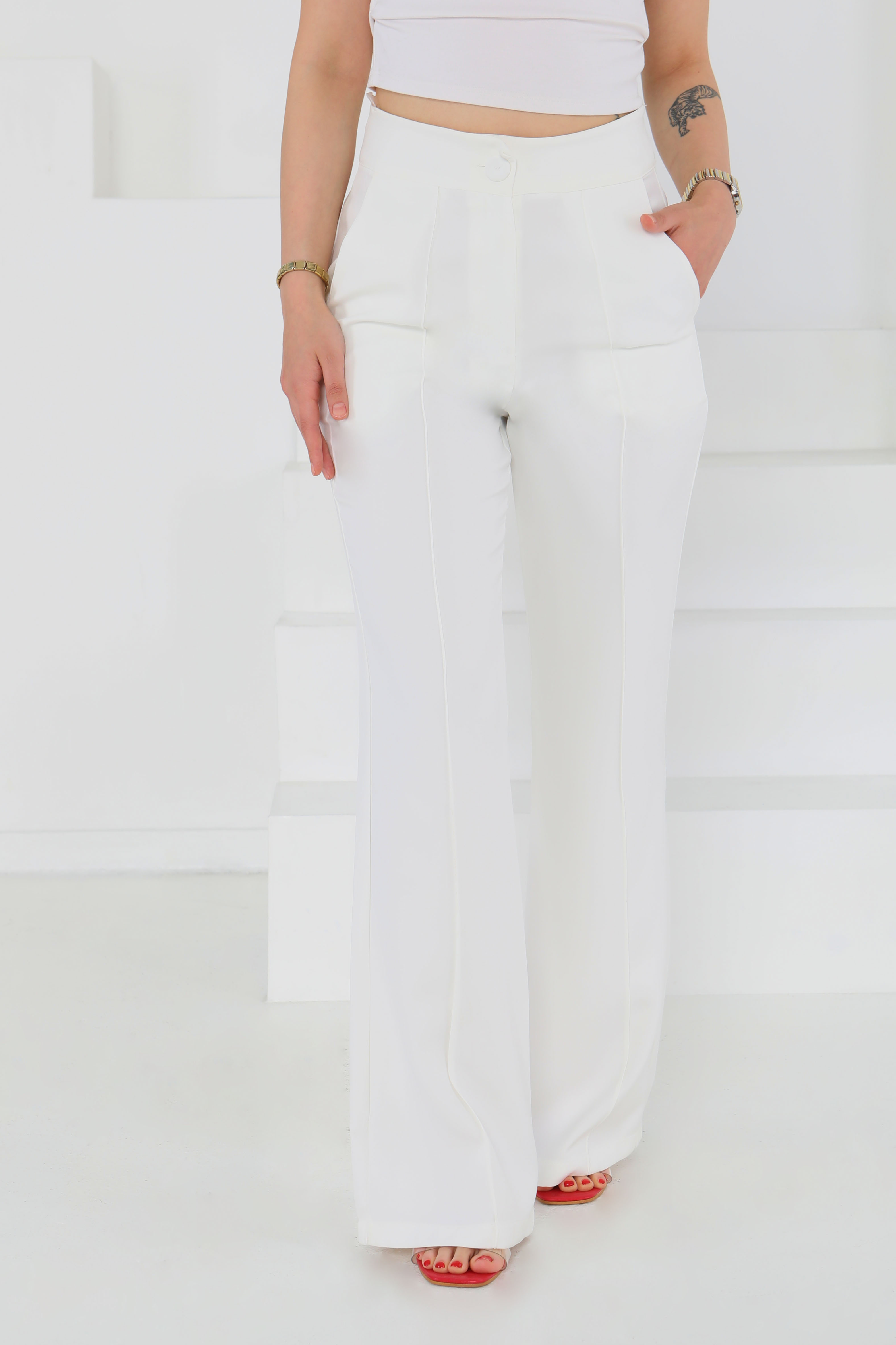 Çımalı Kumaş Pantolon Beyaz - 27247 - 5