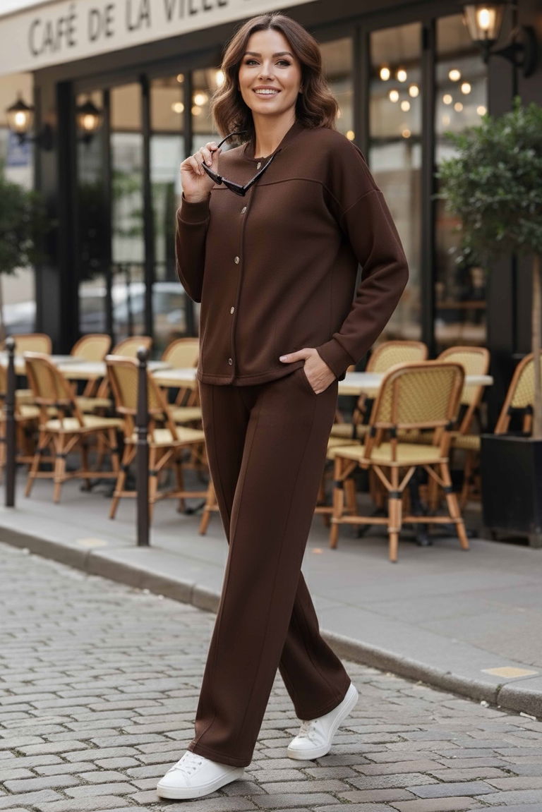 Çıtçıtlı Modaal İkili Takım - 28061-KAHVE - TOFİSA