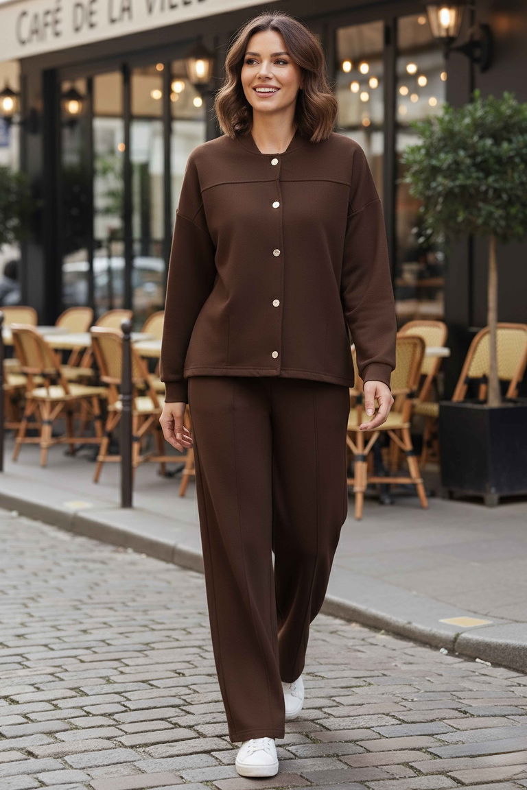 Çıtçıtlı Modaal İkili Takım - 28061-KAHVE - TOFİSA