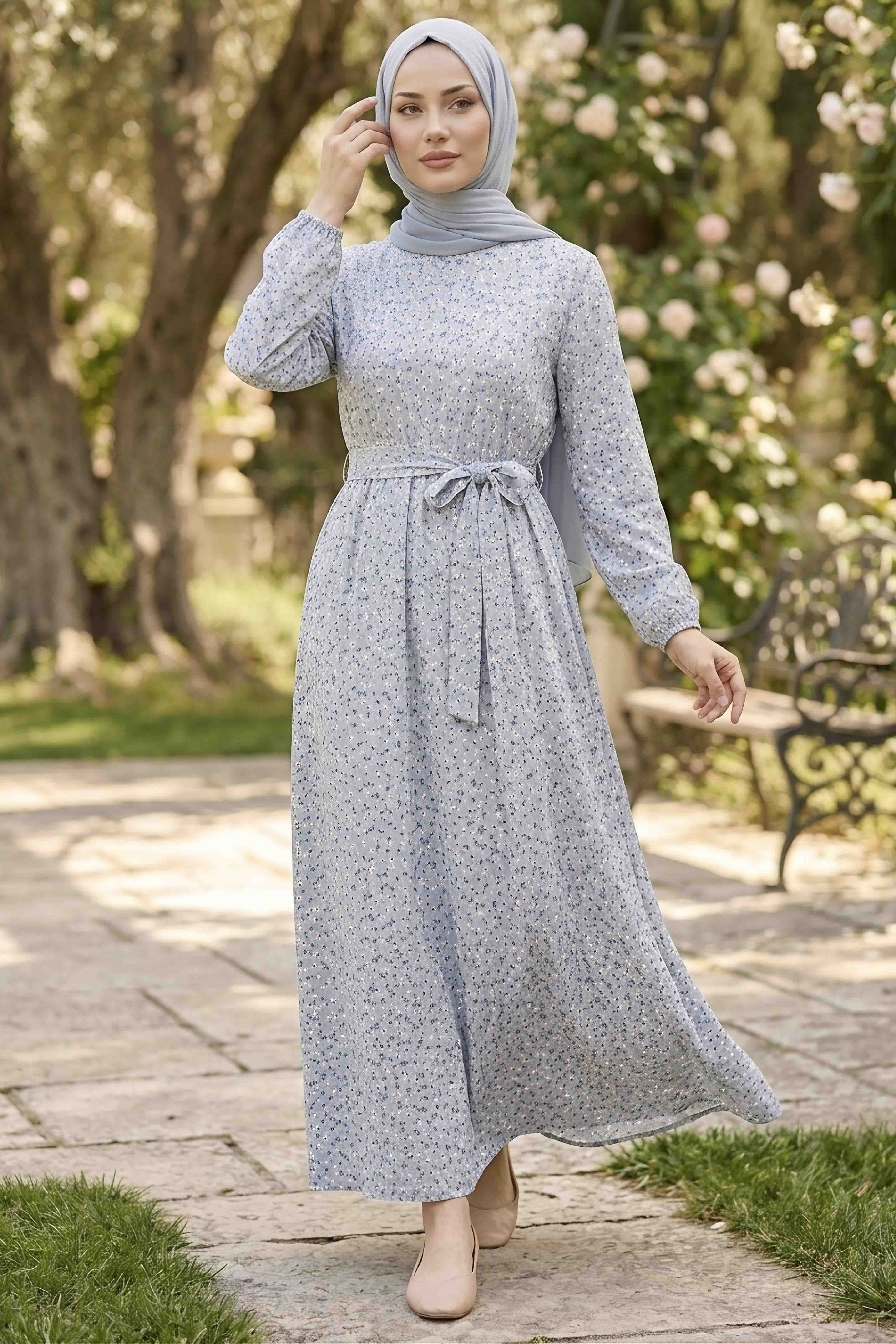 Çıtır Çiçek Desenli Beli Lastikli Elbise - 28355-GRI - 1