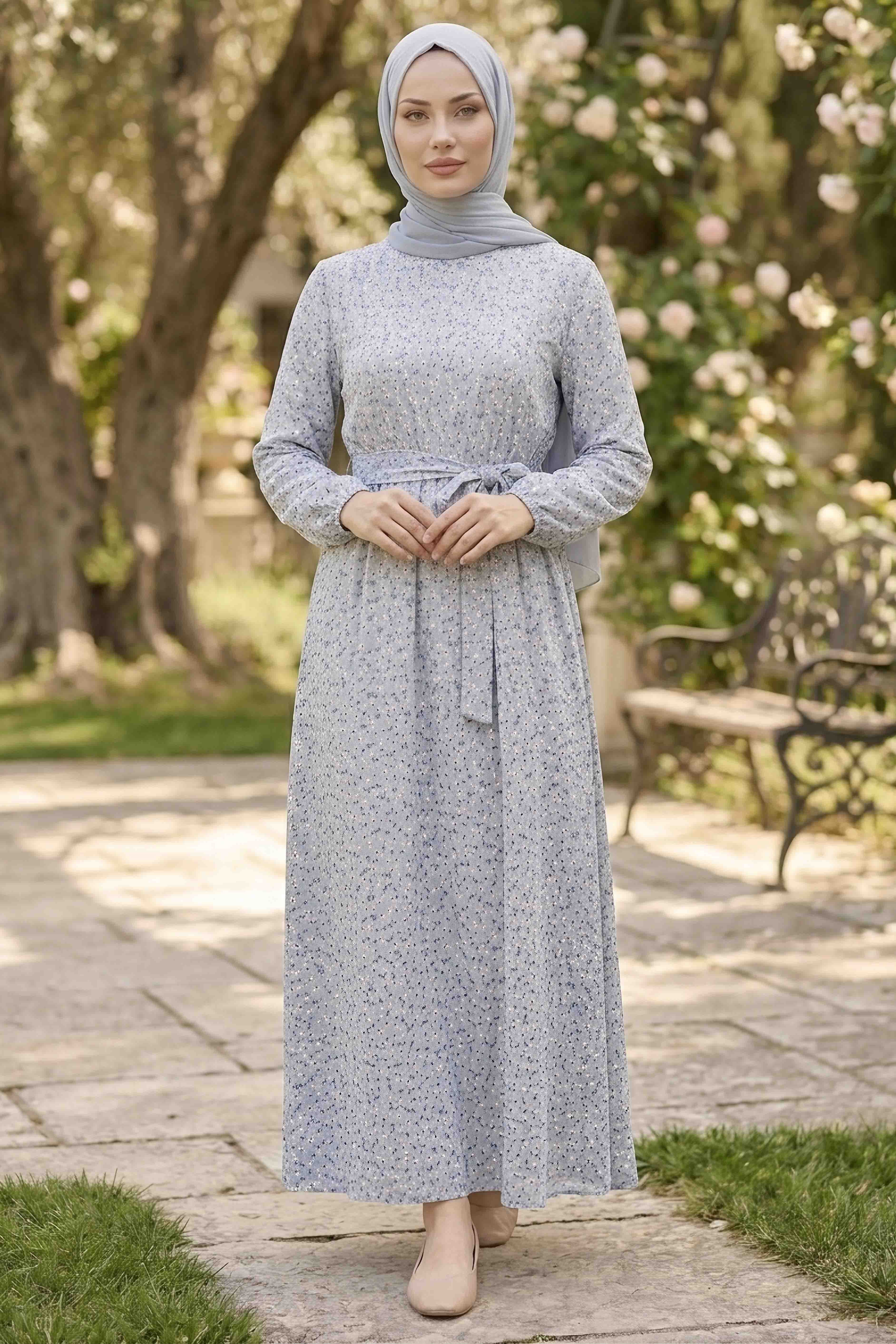 Çıtır Çiçek Desenli Beli Lastikli Elbise - 28355-GRI - 2